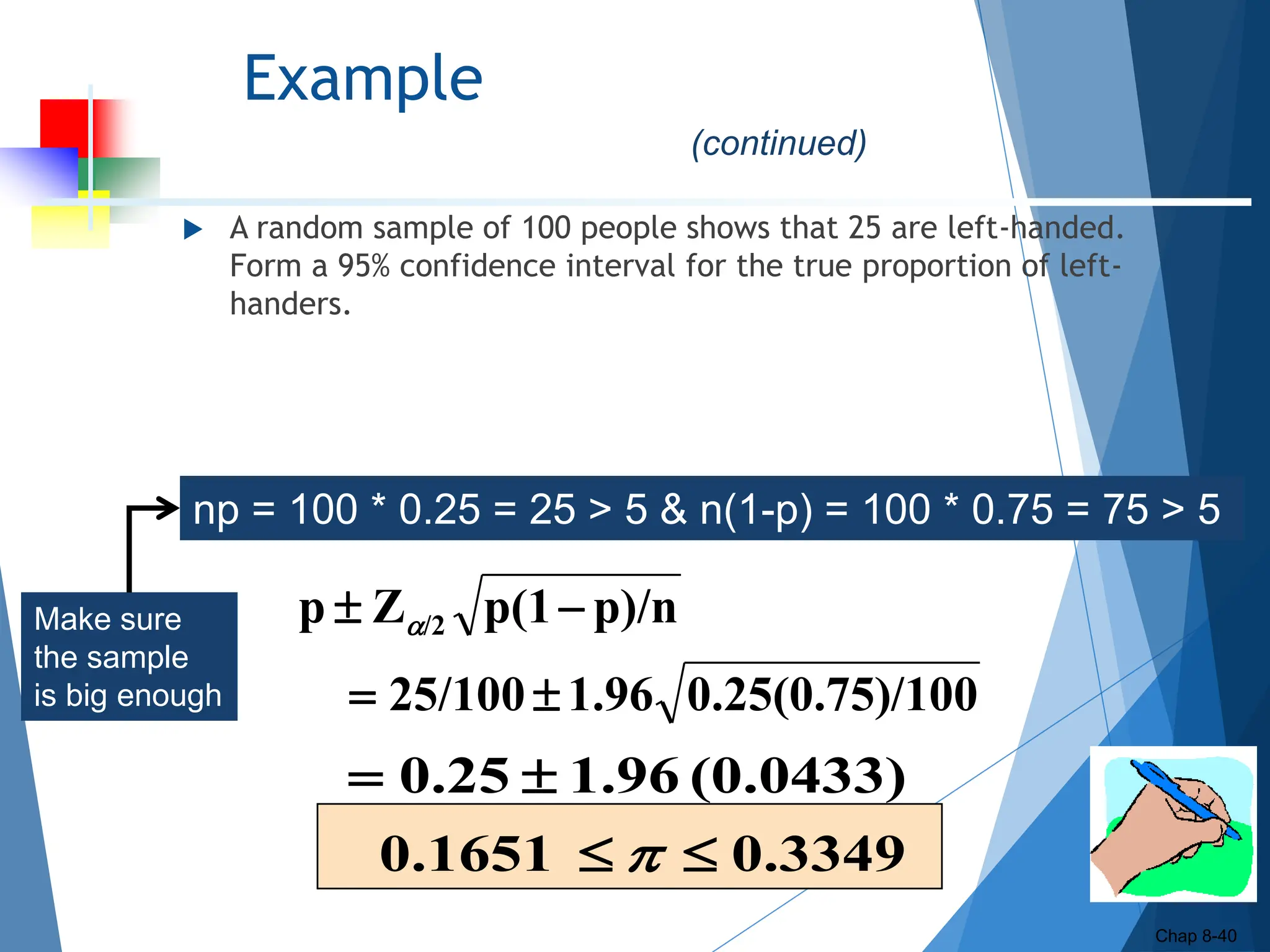 Example
 A random sample of 100 people shows that 25 are left-handed.
Form a 95% confidence interval for the true proportion of left-
handers.
Chap 8-40
/100
0.25(0.75)
1.96
25/100
p)/n
p(1
Z
p /2



 
0.3349
0.1651
(0.0433)
1.96
0.25





(continued)
np = 100 * 0.25 = 25 > 5 & n(1-p) = 100 * 0.75 = 75 > 5
Make sure
the sample
is big enough
 