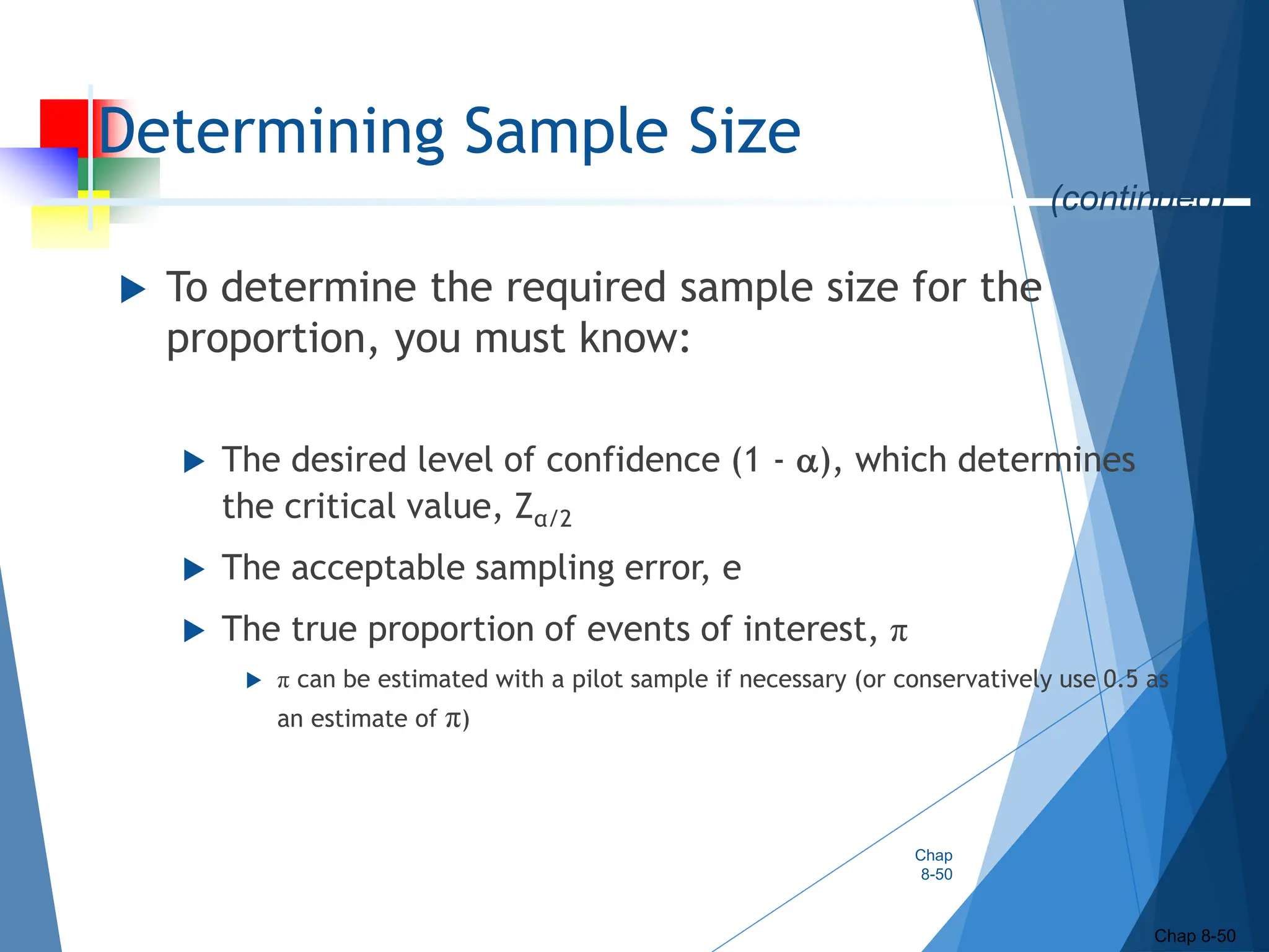 Determining Sample Size
 To determine the required sample size for the
proportion, you must know:
 The desired level of confidence (1 - ), which determines
the critical value, Zα/2
 The acceptable sampling error, e
 The true proportion of events of interest, π
 π can be estimated with a pilot sample if necessary (or conservatively use 0.5 as
an estimate of π)
Chap
8-50
Chap 8-50
(continued)
 