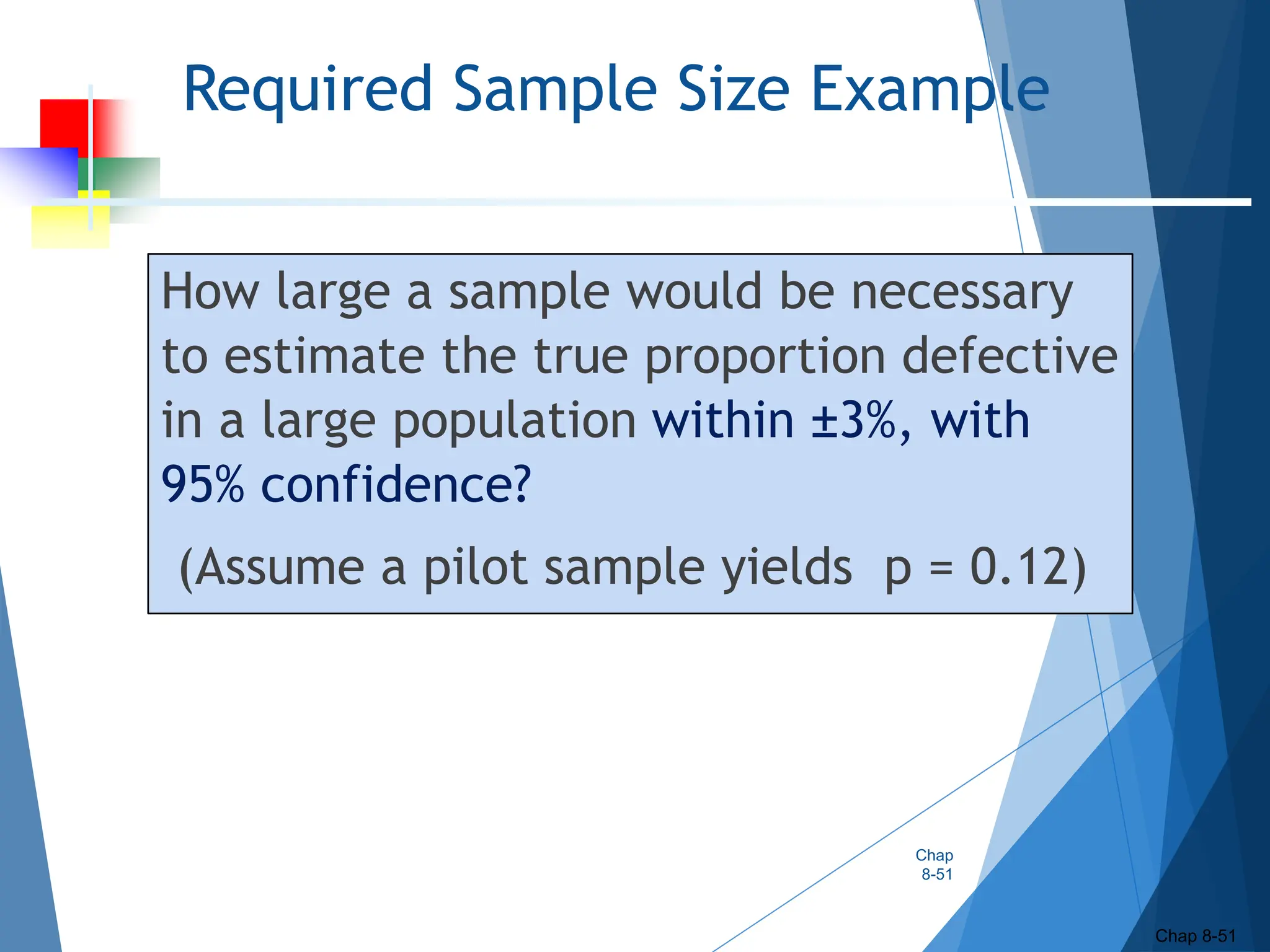 Required Sample Size Example
How large a sample would be necessary
to estimate the true proportion defective
in a large population within ±3%, with
95% confidence?
(Assume a pilot sample yields p = 0.12)
Chap
8-51
Chap 8-51
 