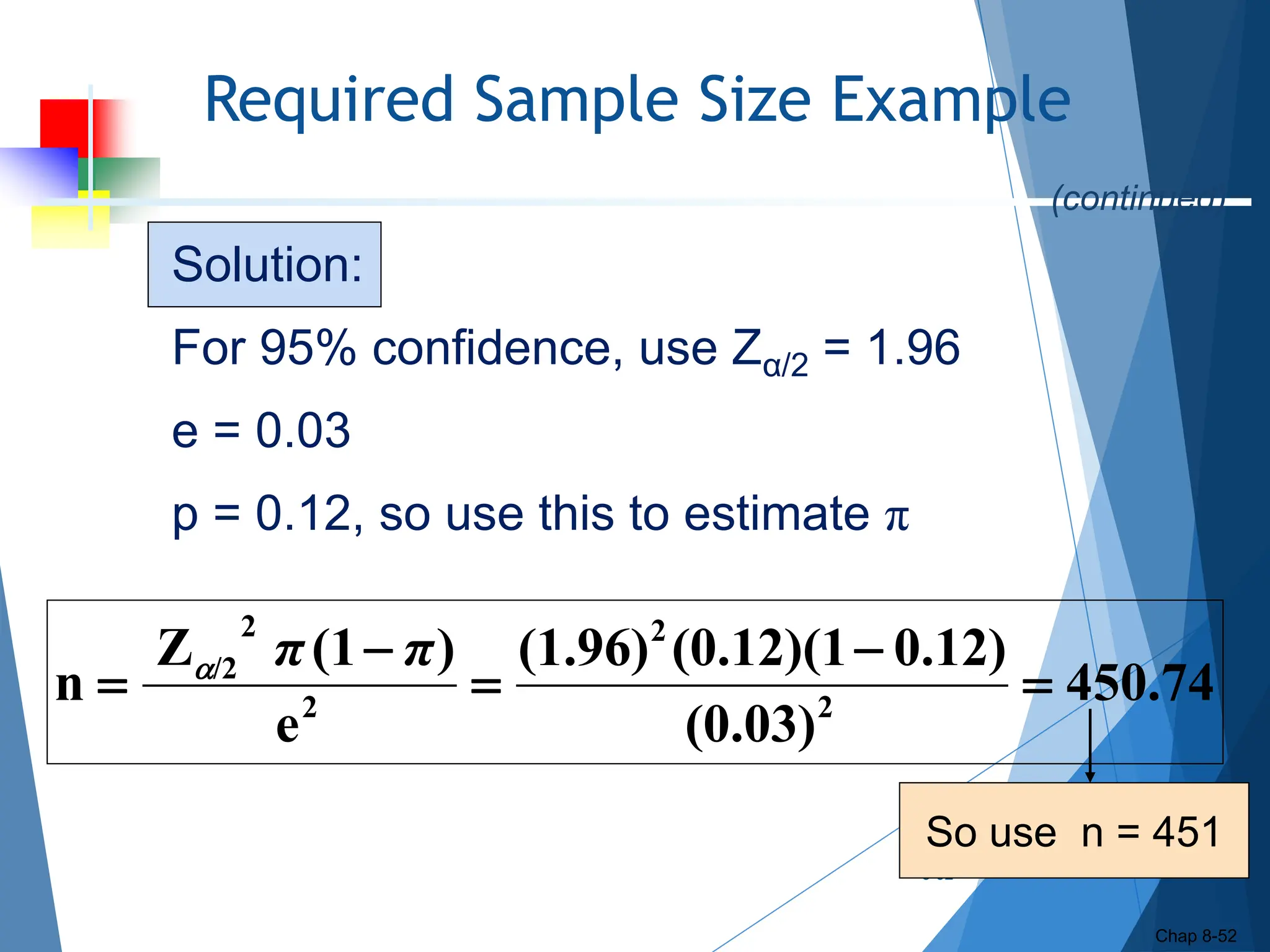Required Sample Size Example
Chap
8-52
Chap 8-52
Solution:
For 95% confidence, use Zα/2 = 1.96
e = 0.03
p = 0.12, so use this to estimate π
So use n = 451
450.74
(0.03)
0.12)
(0.12)(1
(1.96)
e
)
(1
Z
n 2
2
2
2
/2





π
π

(continued)
 