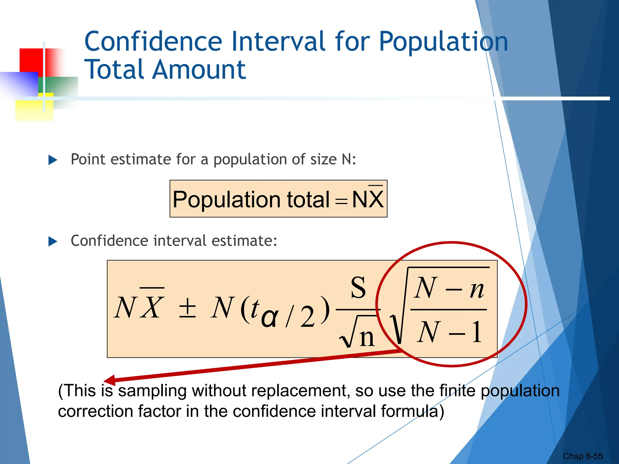 Confidence Interval for Population
Total Amount
 Point estimate for a population of size N:
 Confidence interval estimate:
Chap 8-55
X
N
total
Population 
1
n
S
)
2
/
(



N
n
N
t
N
X
N α
(This is sampling without replacement, so use the finite population
correction factor in the confidence interval formula)
 