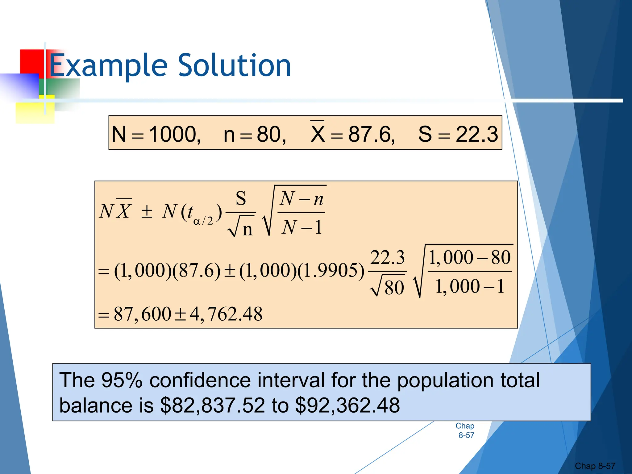 Example Solution
Chap
8-57
Chap 8-57
The 95% confidence interval for the population total
balance is $82,837.52 to $92,362.48
/2
S
( )
1
n
22.3 1,000 80
(1,000)(87.6) (1,000)(1.9905)
1,000 1
80
87,600 4,762.48
N n
N X N t
N





 

 
22.3
S
,
6
.
87
X
80,
n
,
1000
N 



 