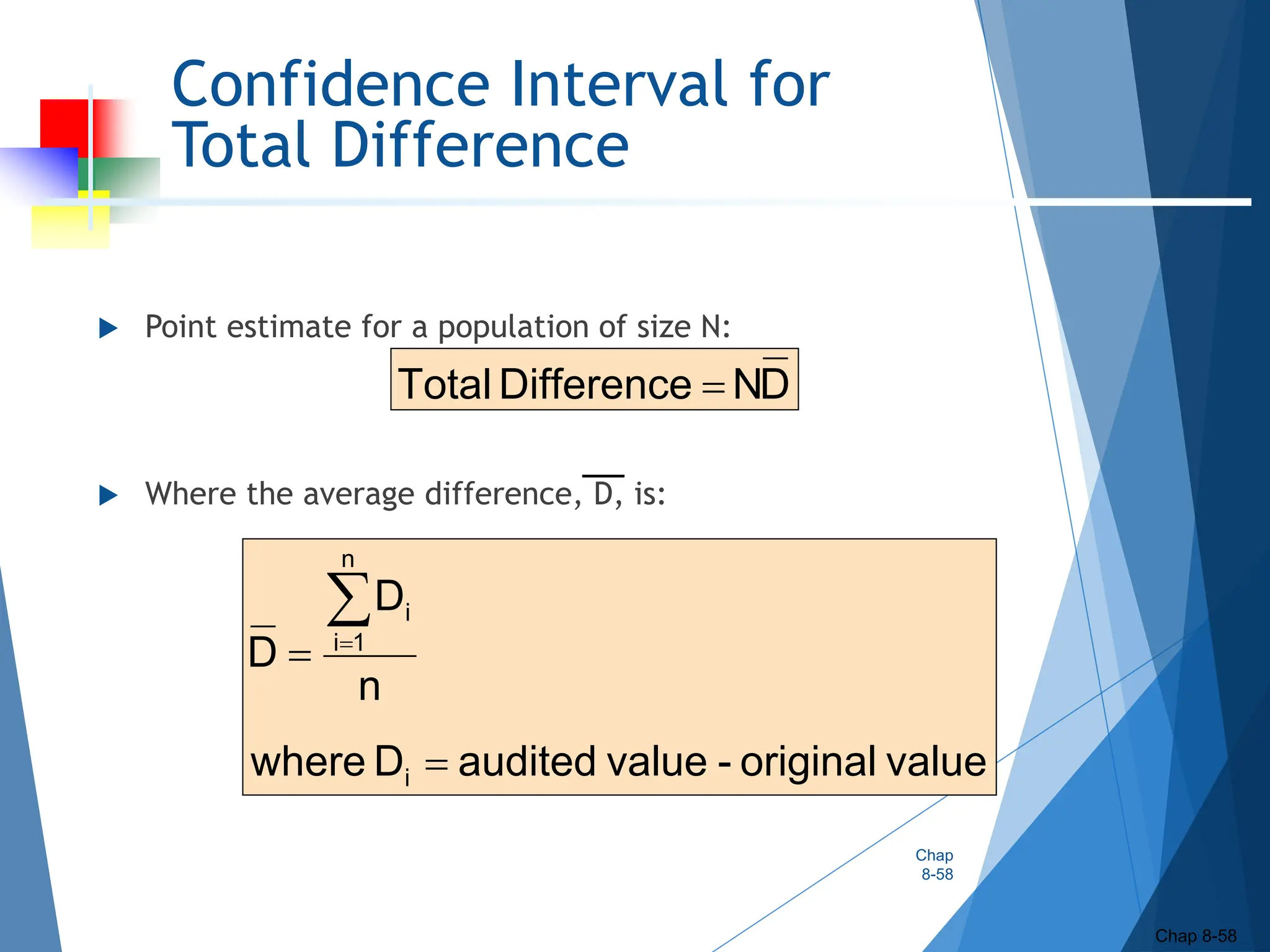 Confidence Interval for
Total Difference
 Point estimate for a population of size N:
 Where the average difference, D, is:
Chap
8-58
Chap 8-58
D
N
Difference
Total 
value
original
-
value
audited
D
where
n
D
D
i
n
1
i
i




 