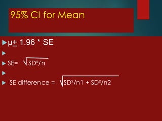 95% CI for Mean
 μ+

1.96 * SE




SE=

SD²/n





SE difference =

SD²/n1 + SD²/n2

 