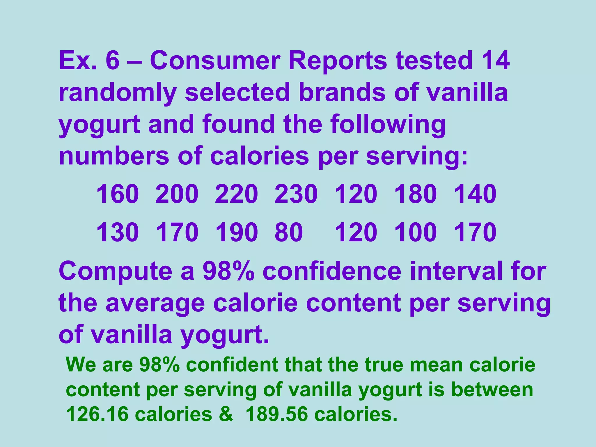Ex. 6 – Consumer Reports tested 14
randomly selected brands of vanilla
yogurt and found the following
numbers of calories per serving:
160 200 220 230 120 180 140
130 170 190 80 120 100 170
Compute a 98% confidence interval for
the average calorie content per serving
of vanilla yogurt.
We are 98% confident that the true mean calorie
content per serving of vanilla yogurt is between
126.16 calories & 189.56 calories.
 