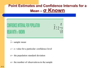 9-12
Point Estimates and Confidence Intervals for a
Mean – σ Known
sample
the
in
ns
observatio
of
number
the
deviation
standard
population
the
level
confidence
particular
a
for
value
-
z
mean
sample




n
σ
z
x
 