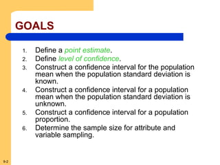 9-2
GOALS
1. Define a point estimate.
2. Define level of confidence.
3. Construct a confidence interval for the population
mean when the population standard deviation is
known.
4. Construct a confidence interval for a population
mean when the population standard deviation is
unknown.
5. Construct a confidence interval for a population
proportion.
6. Determine the sample size for attribute and
variable sampling.
 