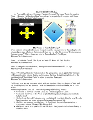 The CONFIDENCE Module
As Presented by Alicia J. Alexander, President/Owner of The Image Works Corporation
Phase 1: Knowing “All Pertinent Data” to obtain a win scenario for all pertinent individuals.
Phase 2: Upholds “The Faith” of all involved.
THE PROCESS OF
“CATALYTIC CHANGE”
The Process of “Catalytic Change”
When a person, interested in Business, desires to meet the prevalent need in the marketplace: to
solve and provide a solution to that need, only then can you label this person a “Businessman or
Businesswoman.” What is the current need in the marketplace? Confidence.
TheImageWorksCorporation
Phase 1: Incremental Growth: The; Some 30; Some 60; Some 100 Fold. The Joy!
TheImageWorksCorporation
Phase 2: “Diligence and Excellence,” the highest level of Faith in Motion. The Joy!
TheImageWorksCorporation
Phase 3: “Centrifugal Growth” Faith in motion that ignites into a hyper-speed of development
within a combustible pattern; shaping and producing the thing desired to completion. It is the
manifestation of “Centrifugal Faith” in action to complete the project.
TheImageWorksCorporation
Confidence is an Anchor to the soul: mind, will, and emotions. Therefore, inquire of your soul
the following checklist. Ask yourself, “How much Confidence do I have in God and in God’s
Word?
Am I strong in Truth? And, Am I confident regarding the following points?”
 God wants to empower you with Grace and Truth through Jesus Christ.
 God wants The Word of His Power to uphold all things (including you and your faith:
belief system?
 God so loved the world (including you, your faith and, your family) that he gave His only
begotten so that you would not perish but you can have eternal life.
 God does not condemn you. God gave His Son (Jesus) for you to have salvation, a
relationship with the fullness of The Living God.
 God wants you to be in good health and, He wants your joy to be full and overflowing to
empower others.
 
