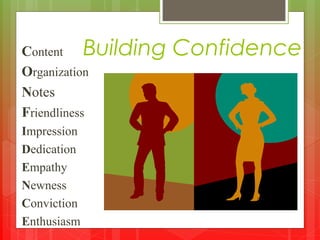 Building ConfidenceContent
Organization
Notes
Friendliness
Impression
Dedication
Empathy
Newness
Conviction
Enthusiasm
 