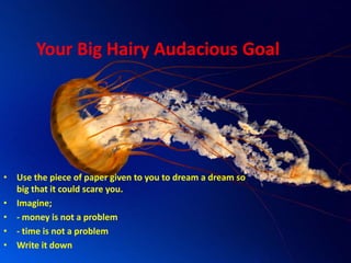 Your Big Hairy Audacious Goal




• Use the piece of paper given to you to dream a dream so
  big that it could scare you.
• Imagine;
• - money is not a problem
• - time is not a problem
• Write it down
 