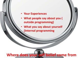 • Your Experiences
       • What people say about you (
         outside programming)
       • What you say about yourself
         (Internal programming




Where does your self belief come from
 