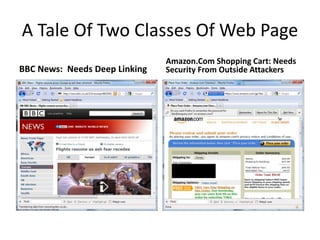A Tale Of Two Classes Of Web Page
BBC News: Needs Deep Linking
Amazon.Com Shopping Cart: Needs
Security From Outside Attackers
 