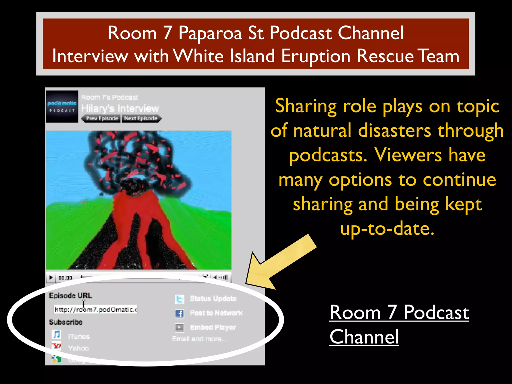 Room 7 Paparoa St Podcast Channel Interview with White Island Eruption Rescue Team Sharing role plays on topic of natural disasters through podcasts.  Viewers have many options to continue sharing and being kept  up-to-date. Room 7 Podcast Channel 