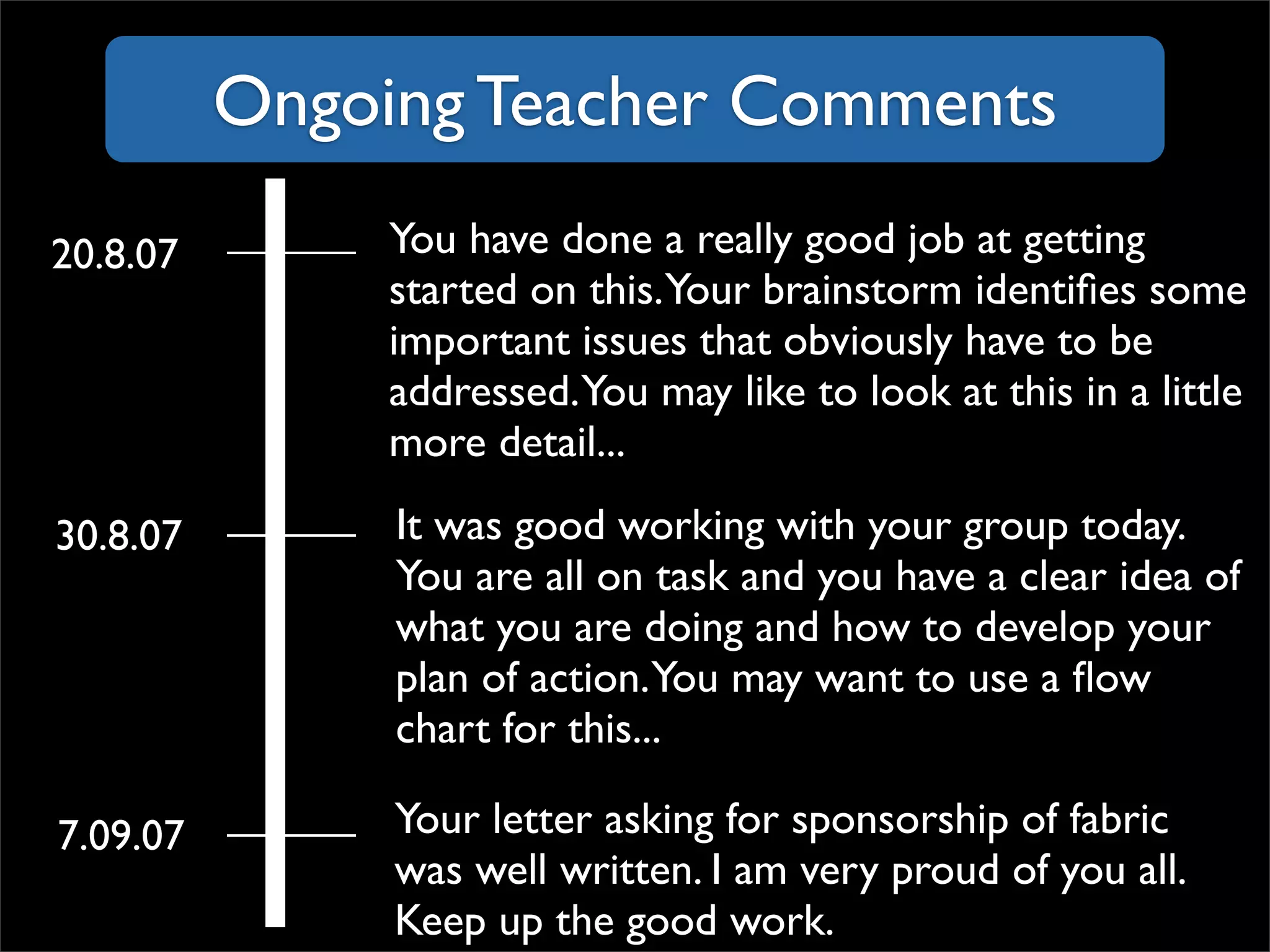 Ongoing Teacher Comments You have done a really good job at getting started on this. Your brainstorm identifies some important issues that obviously have to be addressed. You may like to look at this in a little more detail... 20.8.07 30.8.07 It was good working with your group today. You are all on task and you have a clear idea of what you are doing and how to develop your plan of action. You may want to use a flow chart for this... 7.09.07 Your letter asking for sponsorship of fabric was well written. I am very proud of you all. Keep up the good work. 