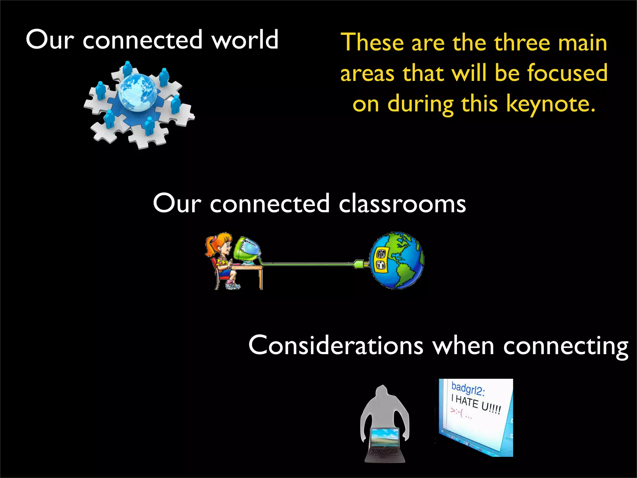 Our connected world Our connected classrooms Considerations when connecting These are the three main areas that will be focused on during this keynote. 