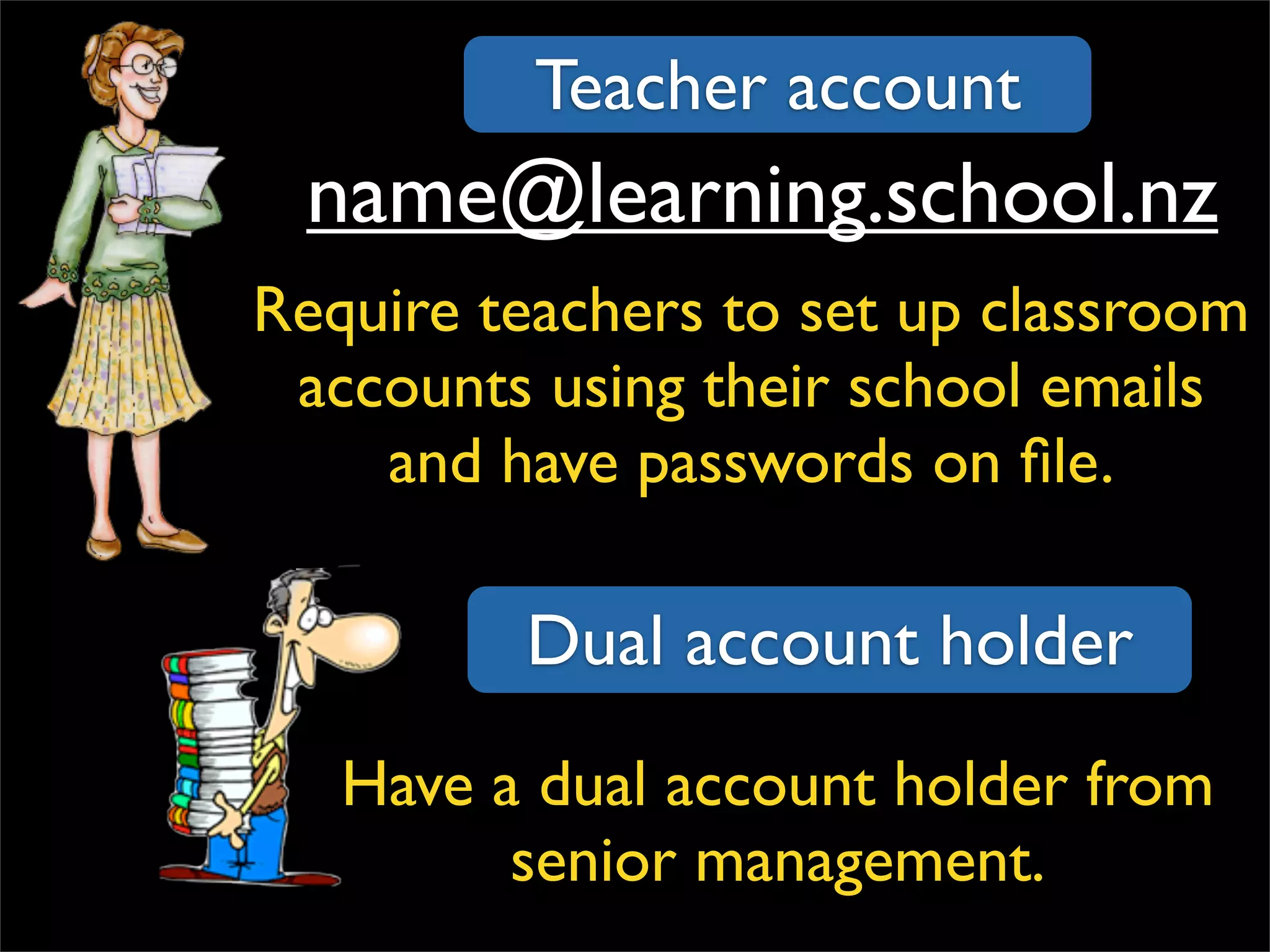 [email_address] Teacher account Dual account holder Require teachers to set up classroom accounts using their school emails and have passwords on file. Have a dual account holder from senior management. 