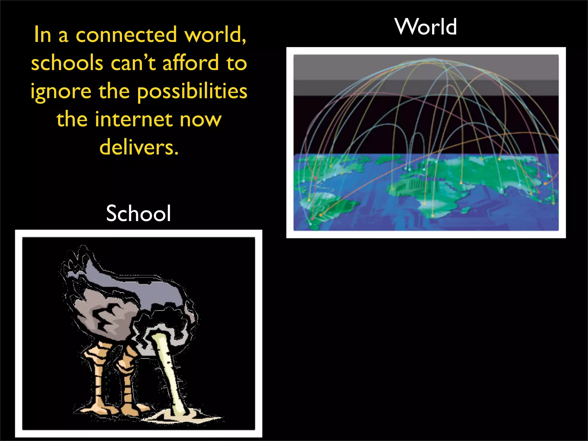 School In a connected world, schools can’t afford to ignore the possibilities the internet now delivers. World 