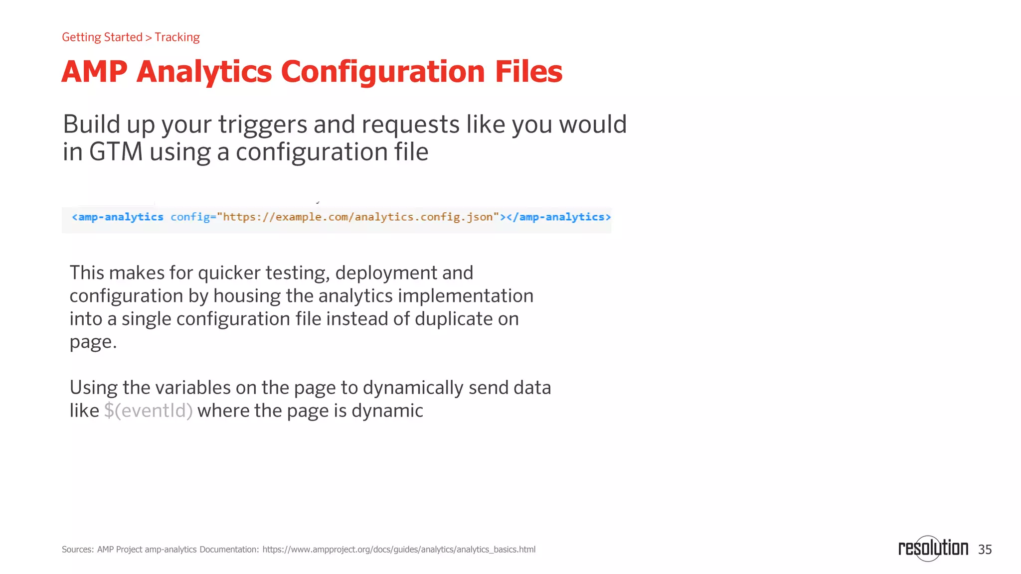 35
AMP Analytics Configuration Files
Sources: AMP Project amp-analytics Documentation: https://www.ampproject.org/docs/guides/analytics/analytics_basics.html
 