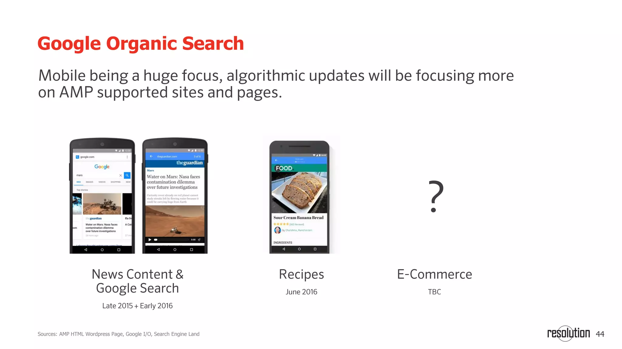 44
Google Organic Search
Sources: AMP HTML Wordpress Page, Google I/O, Search Engine Land
 