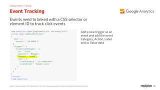 32
Event Tracking
Sources: Google Developers AMP Implementation FAQ: https://developers.google.com/analytics/devguides/collection/amp-analytics/
 