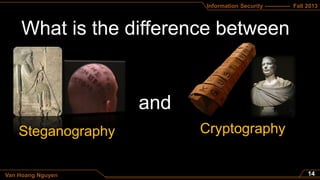 Information Security ------------- Fall 2013
Van Hoang Nguyen
Steganography Cryptography
 