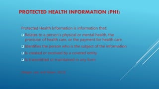 PROTECTED HEALTH INFORMATION (PHI)
Protected Health Information is information that:
 Relates to a person’s physical or mental health, the
provision of health care, or the payment for health care
 Identifies the person who is the subject of the information
 Is created or received by a covered entity
 Is transmitted or maintained in any form
(Wager, Lee, and Glaser, 2013)
 