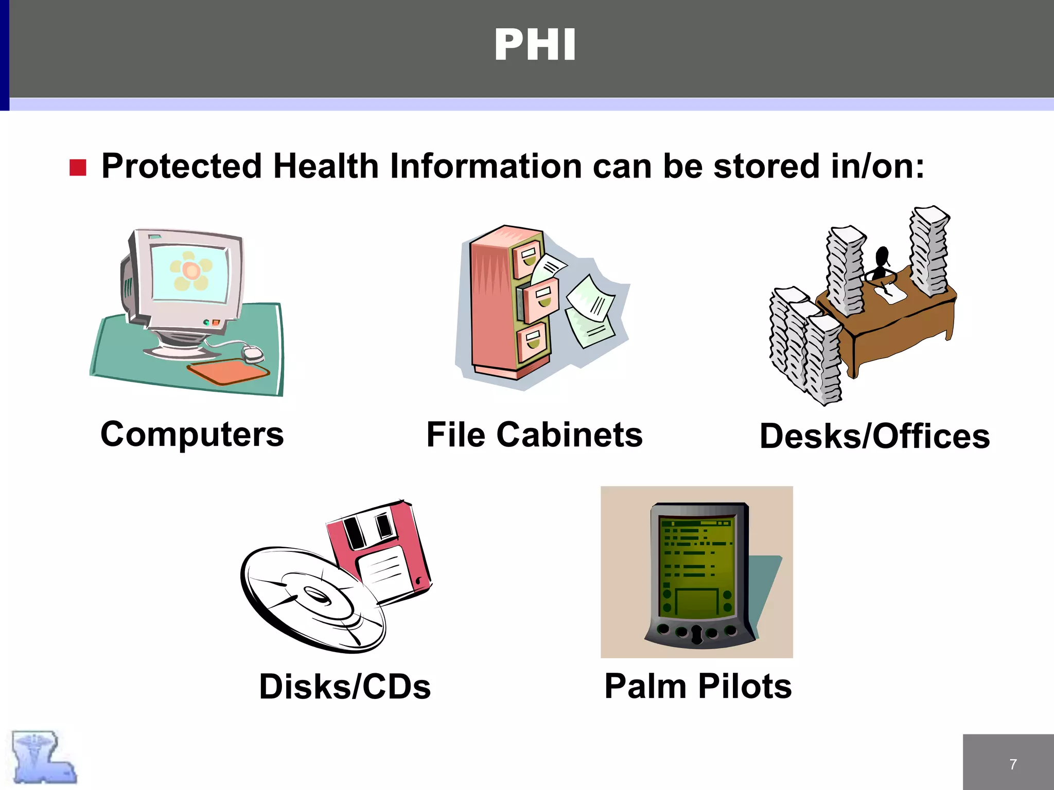 7
PHI
Computers File Cabinets Desks/Offices
 Protected Health Information can be stored in/on:
Disks/CDs Palm Pilots
 