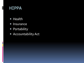HIPPA
 Health
 Insurance
 Portability
 Accountability Act
 