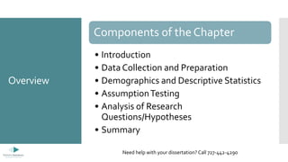 Overview
Components of the Chapter
• Introduction
• Data Collection and Preparation
• Demographics and Descriptive Statistics
• AssumptionTesting
• Analysis of Research
Questions/Hypotheses
• Summary
Need help with your dissertation? Call 727-442-4290
 
