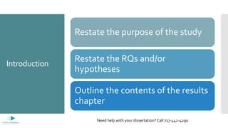 Introduction
Restate the purpose of the study
Restate the RQs and/or
hypotheses
Outline the contents of the results
chapter
Need help with your dissertation? Call 727-442-4290
 