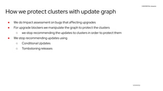 CONFIDENTIAL designator
V0000000
How we protect clusters with update graph
● We do Impact assessment on bugs that affecting upgrades
● For upgrade blockers we manipulate the graph to protect the clusters
○ we stop recommending the updates to clusters in order to protect them
● We stop recommending updates using
○ Conditional Updates
○ Tombstoning releases
 