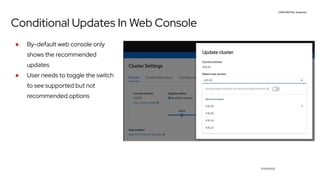 CONFIDENTIAL designator
V0000000
Conditional Updates In Web Console
● By-default web console only
shows the recommended
updates
● User needs to toggle the switch
to see supported but not
recommended options
 