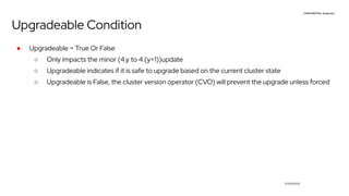 CONFIDENTIAL designator
V0000000
Upgradeable Condition
● Upgradeable = True Or False
○ Only impacts the minor (4.y to 4.(y+1))update
○ Upgradeable indicates if it is safe to upgrade based on the current cluster state
○ Upgradeable is False, the cluster version operator (CVO) will prevent the upgrade unless forced
 