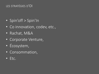 LES STRATÉGIES D’OI
• Spin’off > Spin’In
• Co innovation, codev, etc.,
• Rachat, M&A
• Corporate Venture,
• Écosystem,
• C...