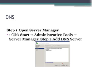 DNS
Step 1:Open Server Manager
• • Click Start → Administrative Tools →
Server Manager. Step 2:Add DNS Server
 