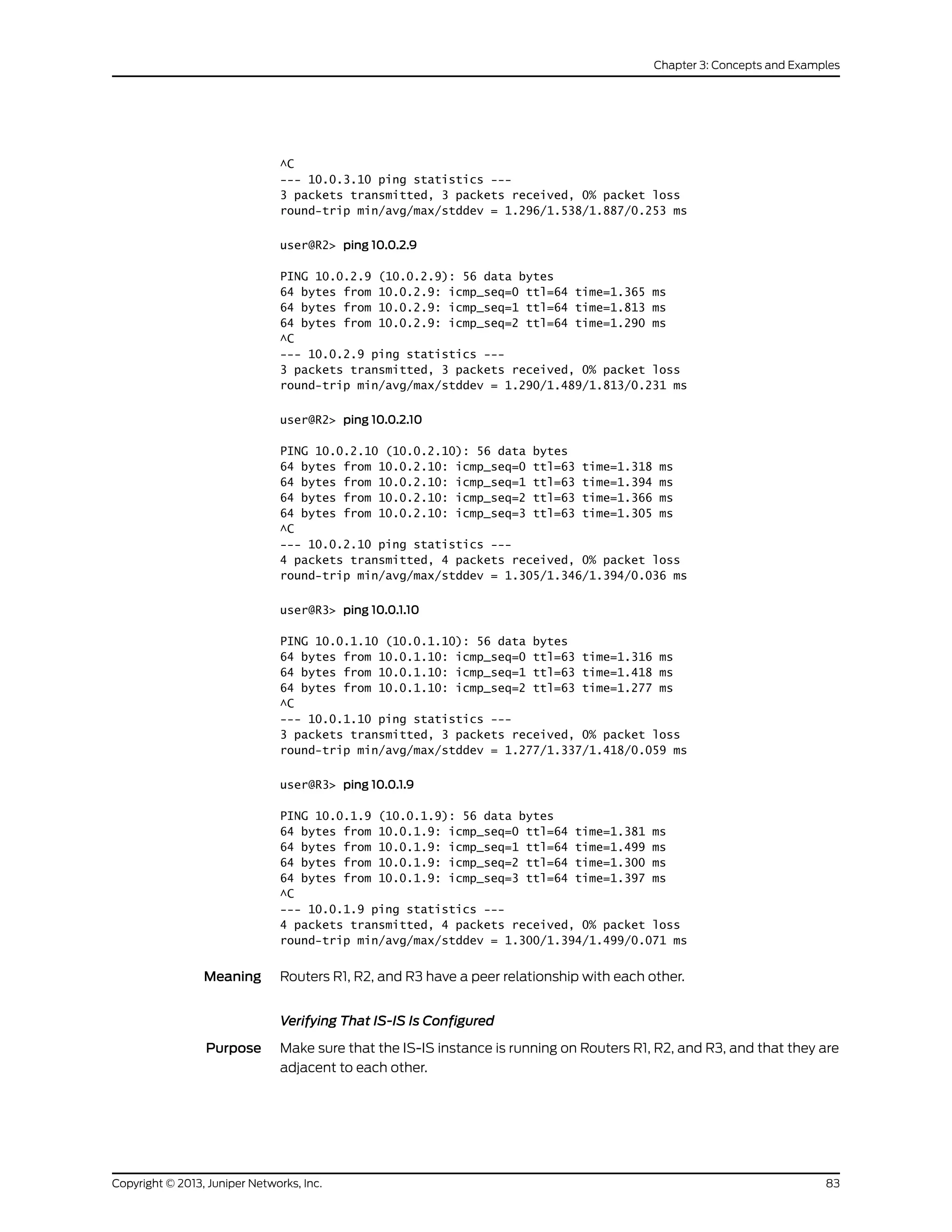 ^C
--- 10.0.3.10 ping statistics ---
3 packets transmitted, 3 packets received, 0% packet loss
round-trip min/avg/max/stddev = 1.296/1.538/1.887/0.253 ms
user@R2> ping 10.0.2.9
PING 10.0.2.9 (10.0.2.9): 56 data bytes
64 bytes from 10.0.2.9: icmp_seq=0 ttl=64 time=1.365 ms
64 bytes from 10.0.2.9: icmp_seq=1 ttl=64 time=1.813 ms
64 bytes from 10.0.2.9: icmp_seq=2 ttl=64 time=1.290 ms
^C
--- 10.0.2.9 ping statistics ---
3 packets transmitted, 3 packets received, 0% packet loss
round-trip min/avg/max/stddev = 1.290/1.489/1.813/0.231 ms
user@R2> ping 10.0.2.10
PING 10.0.2.10 (10.0.2.10): 56 data bytes
64 bytes from 10.0.2.10: icmp_seq=0 ttl=63 time=1.318 ms
64 bytes from 10.0.2.10: icmp_seq=1 ttl=63 time=1.394 ms
64 bytes from 10.0.2.10: icmp_seq=2 ttl=63 time=1.366 ms
64 bytes from 10.0.2.10: icmp_seq=3 ttl=63 time=1.305 ms
^C
--- 10.0.2.10 ping statistics ---
4 packets transmitted, 4 packets received, 0% packet loss
round-trip min/avg/max/stddev = 1.305/1.346/1.394/0.036 ms
user@R3> ping 10.0.1.10
PING 10.0.1.10 (10.0.1.10): 56 data bytes
64 bytes from 10.0.1.10: icmp_seq=0 ttl=63 time=1.316 ms
64 bytes from 10.0.1.10: icmp_seq=1 ttl=63 time=1.418 ms
64 bytes from 10.0.1.10: icmp_seq=2 ttl=63 time=1.277 ms
^C
--- 10.0.1.10 ping statistics ---
3 packets transmitted, 3 packets received, 0% packet loss
round-trip min/avg/max/stddev = 1.277/1.337/1.418/0.059 ms
user@R3> ping 10.0.1.9
PING 10.0.1.9 (10.0.1.9): 56 data bytes
64 bytes from 10.0.1.9: icmp_seq=0 ttl=64 time=1.381 ms
64 bytes from 10.0.1.9: icmp_seq=1 ttl=64 time=1.499 ms
64 bytes from 10.0.1.9: icmp_seq=2 ttl=64 time=1.300 ms
64 bytes from 10.0.1.9: icmp_seq=3 ttl=64 time=1.397 ms
^C
--- 10.0.1.9 ping statistics ---
4 packets transmitted, 4 packets received, 0% packet loss
round-trip min/avg/max/stddev = 1.300/1.394/1.499/0.071 ms
Meaning Routers R1, R2, and R3 have a peer relationship with each other.
Verifying That IS-IS Is Configured
Purpose Make sure that the IS-IS instance is running on Routers R1, R2, and R3, and that they are
adjacent to each other.
83Copyright © 2013, Juniper Networks, Inc.
Chapter 3: Concepts and Examples
 