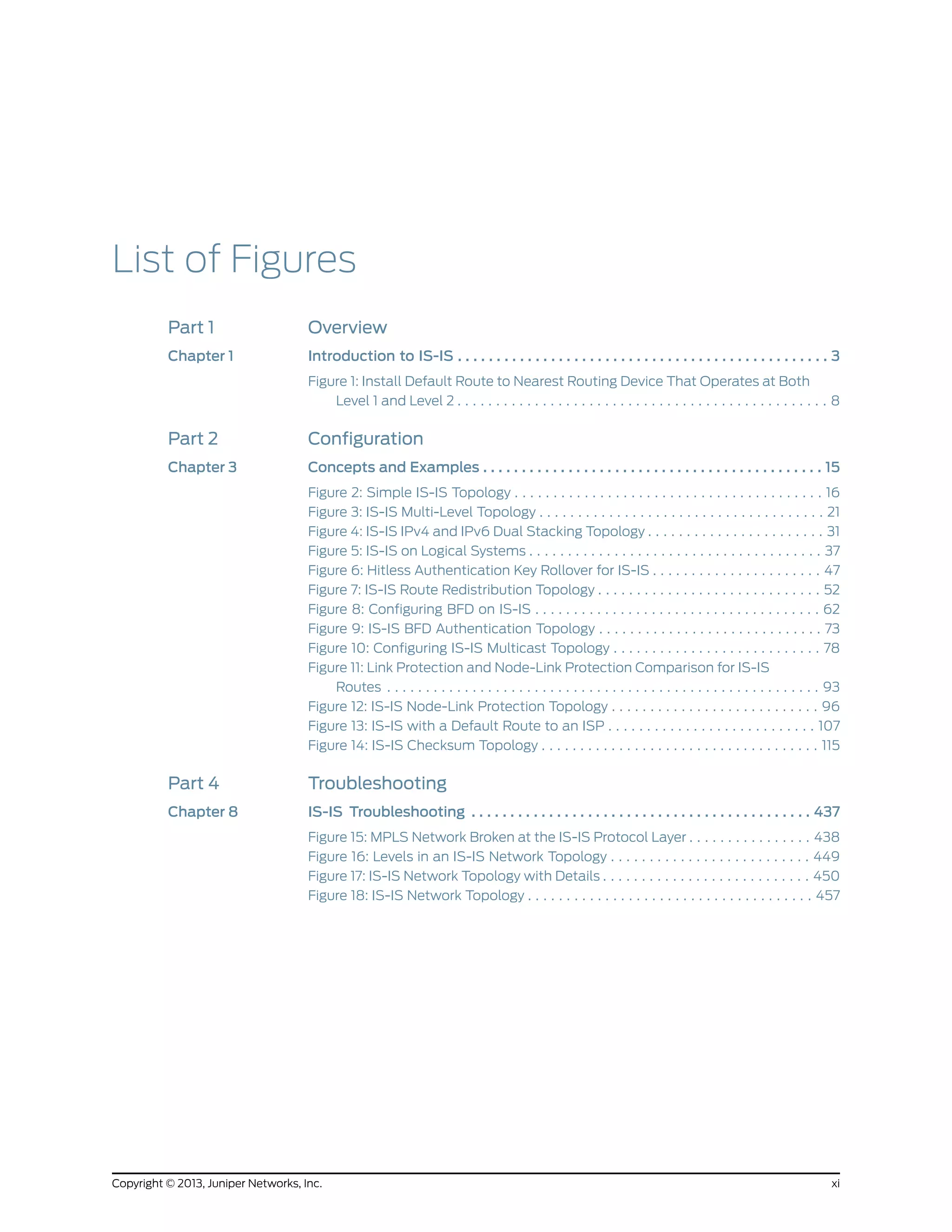 List of Figures
Part 1 Overview
Chapter 1 Introduction to IS-IS . . . . . . . . . . . . . . . . . . . . . . . . . . . . . . . . . . . . . . . . . . . . . . . . 3
Figure 1: Install Default Route to Nearest Routing Device That Operates at Both
Level 1 and Level 2 . . . . . . . . . . . . . . . . . . . . . . . . . . . . . . . . . . . . . . . . . . . . . . . . 8
Part 2 Configuration
Chapter 3 Concepts and Examples . . . . . . . . . . . . . . . . . . . . . . . . . . . . . . . . . . . . . . . . . . . . 15
Figure 2: Simple IS-IS Topology . . . . . . . . . . . . . . . . . . . . . . . . . . . . . . . . . . . . . . . . 16
Figure 3: IS-IS Multi-Level Topology . . . . . . . . . . . . . . . . . . . . . . . . . . . . . . . . . . . . . 21
Figure 4: IS-IS IPv4 and IPv6 Dual Stacking Topology . . . . . . . . . . . . . . . . . . . . . . . 31
Figure 5: IS-IS on Logical Systems . . . . . . . . . . . . . . . . . . . . . . . . . . . . . . . . . . . . . . 37
Figure 6: Hitless Authentication Key Rollover for IS-IS . . . . . . . . . . . . . . . . . . . . . . 47
Figure 7: IS-IS Route Redistribution Topology . . . . . . . . . . . . . . . . . . . . . . . . . . . . . 52
Figure 8: Configuring BFD on IS-IS . . . . . . . . . . . . . . . . . . . . . . . . . . . . . . . . . . . . . 62
Figure 9: IS-IS BFD Authentication Topology . . . . . . . . . . . . . . . . . . . . . . . . . . . . . 73
Figure 10: Configuring IS-IS Multicast Topology . . . . . . . . . . . . . . . . . . . . . . . . . . . 78
Figure 11: Link Protection and Node-Link Protection Comparison for IS-IS
Routes . . . . . . . . . . . . . . . . . . . . . . . . . . . . . . . . . . . . . . . . . . . . . . . . . . . . . . . . 93
Figure 12: IS-IS Node-Link Protection Topology . . . . . . . . . . . . . . . . . . . . . . . . . . . 96
Figure 13: IS-IS with a Default Route to an ISP . . . . . . . . . . . . . . . . . . . . . . . . . . . 107
Figure 14: IS-IS Checksum Topology . . . . . . . . . . . . . . . . . . . . . . . . . . . . . . . . . . . . 115
Part 4 Troubleshooting
Chapter 8 IS-IS Troubleshooting . . . . . . . . . . . . . . . . . . . . . . . . . . . . . . . . . . . . . . . . . . . . 437
Figure 15: MPLS Network Broken at the IS-IS Protocol Layer . . . . . . . . . . . . . . . . 438
Figure 16: Levels in an IS-IS Network Topology . . . . . . . . . . . . . . . . . . . . . . . . . . 449
Figure 17: IS-IS Network Topology with Details . . . . . . . . . . . . . . . . . . . . . . . . . . . 450
Figure 18: IS-IS Network Topology . . . . . . . . . . . . . . . . . . . . . . . . . . . . . . . . . . . . . 457
xiCopyright © 2013, Juniper Networks, Inc.
 