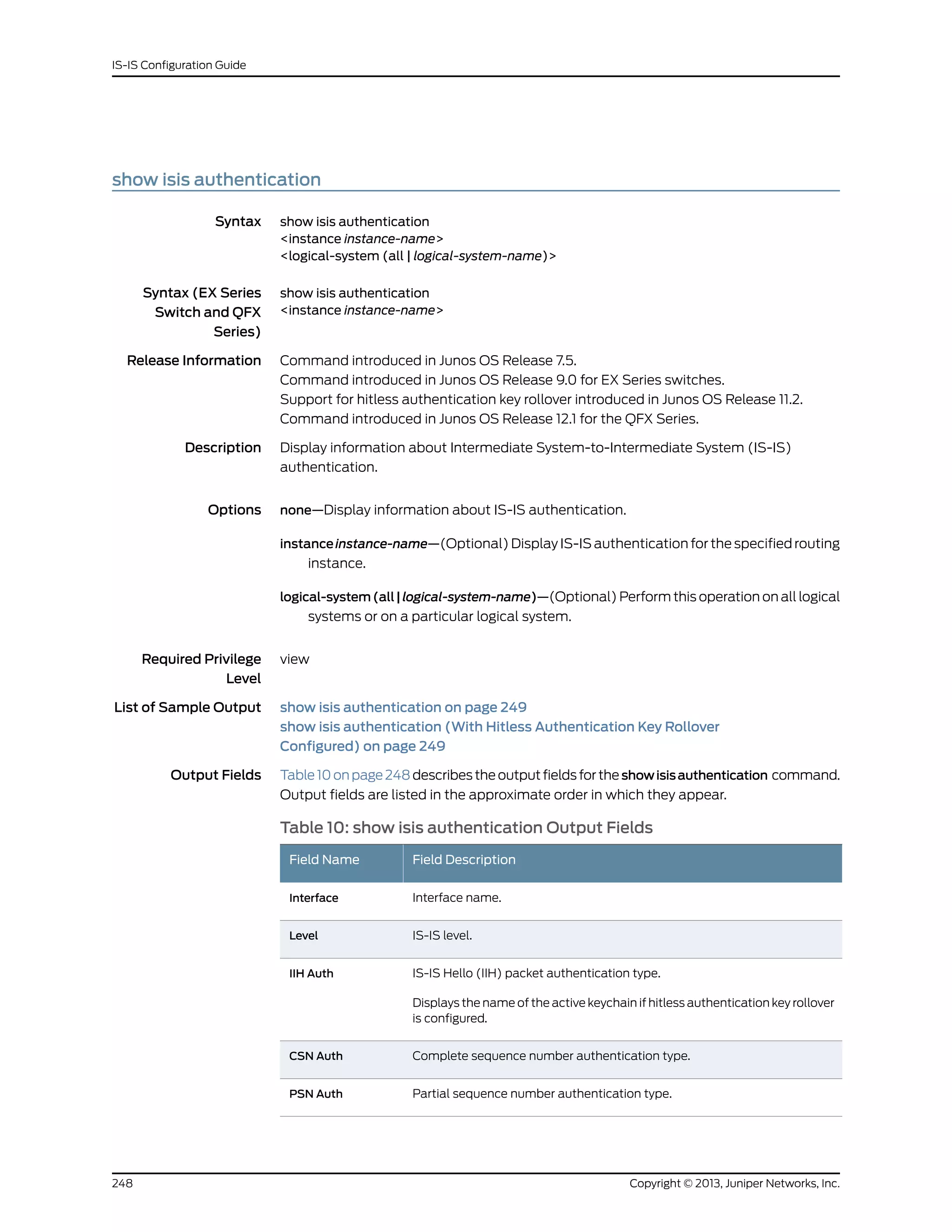show isis authentication
Syntax show isis authentication
<instance instance-name>
<logical-system (all | logical-system-name)>
Syntax (EX Series
Switch and QFX
Series)
show isis authentication
<instance instance-name>
Release Information Command introduced in Junos OS Release 7.5.
Command introduced in Junos OS Release 9.0 for EX Series switches.
Support for hitless authentication key rollover introduced in Junos OS Release 11.2.
Command introduced in Junos OS Release 12.1 for the QFX Series.
Description Display information about Intermediate System-to-Intermediate System (IS-IS)
authentication.
Options none—Display information about IS-IS authentication.
instanceinstance-name—(Optional) Display IS-IS authentication for the specified routing
instance.
logical-system(all|logical-system-name)—(Optional) Perform this operation on all logical
systems or on a particular logical system.
Required Privilege
Level
view
List of Sample Output show isis authentication on page 249
show isis authentication (With Hitless Authentication Key Rollover
Configured) on page 249
Output Fields Table10onpage248describestheoutputfieldsfortheshowisisauthentication command.
Output fields are listed in the approximate order in which they appear.
Table 10: show isis authentication Output Fields
Field DescriptionField Name
Interface name.Interface
IS-IS level.Level
IS-IS Hello (IIH) packet authentication type.
Displays the name of the active keychain if hitless authentication key rollover
is configured.
IIH Auth
Complete sequence number authentication type.CSN Auth
Partial sequence number authentication type.PSN Auth
Copyright © 2013, Juniper Networks, Inc.248
IS-IS Configuration Guide
 