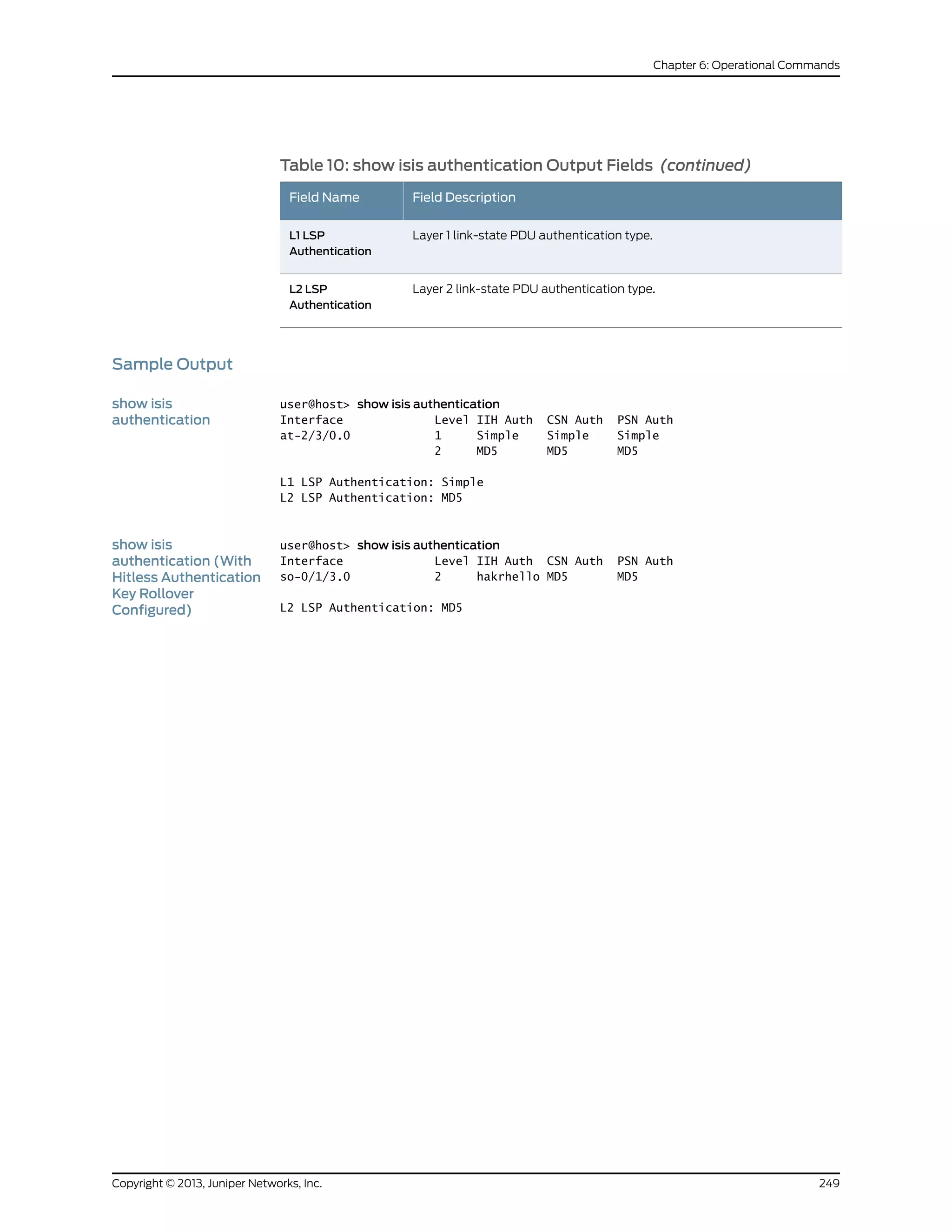 Table 10: show isis authentication Output Fields (continued)
Field DescriptionField Name
Layer 1 link-state PDU authentication type.L1 LSP
Authentication
Layer 2 link-state PDU authentication type.L2 LSP
Authentication
Sample Output
show isis
authentication
user@host> show isis authentication
Interface Level IIH Auth CSN Auth PSN Auth
at-2/3/0.0 1 Simple Simple Simple
2 MD5 MD5 MD5
L1 LSP Authentication: Simple
L2 LSP Authentication: MD5
show isis
authentication (With
user@host> show isis authentication
Interface Level IIH Auth CSN Auth PSN Auth
so-0/1/3.0 2 hakrhello MD5 MD5Hitless Authentication
L2 LSP Authentication: MD5
Key Rollover
Configured)
249Copyright © 2013, Juniper Networks, Inc.
Chapter 6: Operational Commands
 