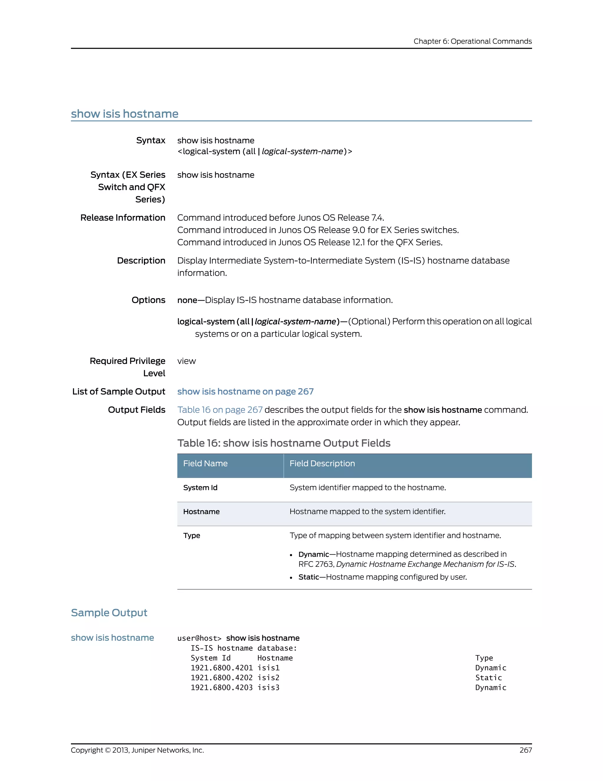 show isis hostname
Syntax show isis hostname
<logical-system (all | logical-system-name)>
Syntax (EX Series
Switch and QFX
Series)
show isis hostname
Release Information Command introduced before Junos OS Release 7.4.
Command introduced in Junos OS Release 9.0 for EX Series switches.
Command introduced in Junos OS Release 12.1 for the QFX Series.
Description Display Intermediate System-to-Intermediate System (IS-IS) hostname database
information.
Options none—Display IS-IS hostname database information.
logical-system(all|logical-system-name)—(Optional) Perform this operation on all logical
systems or on a particular logical system.
Required Privilege
Level
view
List of Sample Output show isis hostname on page 267
Output Fields Table 16 on page 267 describes the output fields for the show isis hostname command.
Output fields are listed in the approximate order in which they appear.
Table 16: show isis hostname Output Fields
Field DescriptionField Name
System identifier mapped to the hostname.System Id
Hostname mapped to the system identifier.Hostname
Type of mapping between system identifier and hostname.
• Dynamic—Hostname mapping determined as described in
RFC 2763, Dynamic Hostname Exchange Mechanism for IS-IS.
• Static—Hostname mapping configured by user.
Type
Sample Output
show isis hostname user@host> show isis hostname
IS-IS hostname database:
System Id Hostname Type
1921.6800.4201 isis1 Dynamic
1921.6800.4202 isis2 Static
1921.6800.4203 isis3 Dynamic
267Copyright © 2013, Juniper Networks, Inc.
Chapter 6: Operational Commands
 