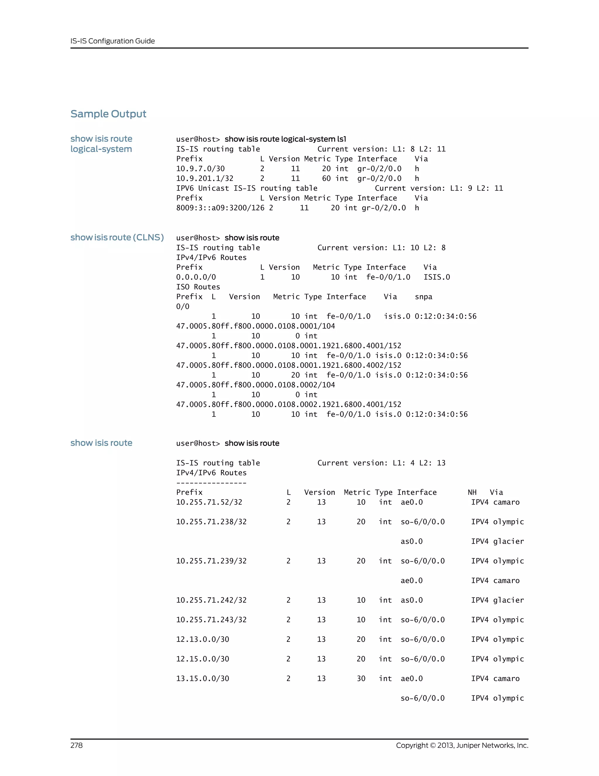 Sample Output
show isis route
logical-system
user@host> show isis route logical-system ls1
IS-IS routing table Current version: L1: 8 L2: 11
Prefix L Version Metric Type Interface Via
10.9.7.0/30 2 11 20 int gr-0/2/0.0 h
10.9.201.1/32 2 11 60 int gr-0/2/0.0 h
IPV6 Unicast IS-IS routing table Current version: L1: 9 L2: 11
Prefix L Version Metric Type Interface Via
8009:3::a09:3200/126 2 11 20 int gr-0/2/0.0 h
showisisroute(CLNS) user@host> show isis route
IS-IS routing table Current version: L1: 10 L2: 8
IPv4/IPv6 Routes
Prefix L Version Metric Type Interface Via
0.0.0.0/0 1 10 10 int fe-0/0/1.0 ISIS.0
ISO Routes
Prefix L Version Metric Type Interface Via snpa
0/0
1 10 10 int fe-0/0/1.0 isis.0 0:12:0:34:0:56
47.0005.80ff.f800.0000.0108.0001/104
1 10 0 int
47.0005.80ff.f800.0000.0108.0001.1921.6800.4001/152
1 10 10 int fe-0/0/1.0 isis.0 0:12:0:34:0:56
47.0005.80ff.f800.0000.0108.0001.1921.6800.4002/152
1 10 20 int fe-0/0/1.0 isis.0 0:12:0:34:0:56
47.0005.80ff.f800.0000.0108.0002/104
1 10 0 int
47.0005.80ff.f800.0000.0108.0002.1921.6800.4001/152
1 10 10 int fe-0/0/1.0 isis.0 0:12:0:34:0:56
show isis route user@host> show isis route
IS-IS routing table Current version: L1: 4 L2: 13
IPv4/IPv6 Routes
----------------
Prefix L Version Metric Type Interface NH Via
10.255.71.52/32 2 13 10 int ae0.0 IPV4 camaro
10.255.71.238/32 2 13 20 int so-6/0/0.0 IPV4 olympic
as0.0 IPV4 glacier
10.255.71.239/32 2 13 20 int so-6/0/0.0 IPV4 olympic
ae0.0 IPV4 camaro
10.255.71.242/32 2 13 10 int as0.0 IPV4 glacier
10.255.71.243/32 2 13 10 int so-6/0/0.0 IPV4 olympic
12.13.0.0/30 2 13 20 int so-6/0/0.0 IPV4 olympic
12.15.0.0/30 2 13 20 int so-6/0/0.0 IPV4 olympic
13.15.0.0/30 2 13 30 int ae0.0 IPV4 camaro
so-6/0/0.0 IPV4 olympic
Copyright © 2013, Juniper Networks, Inc.278
IS-IS Configuration Guide
 