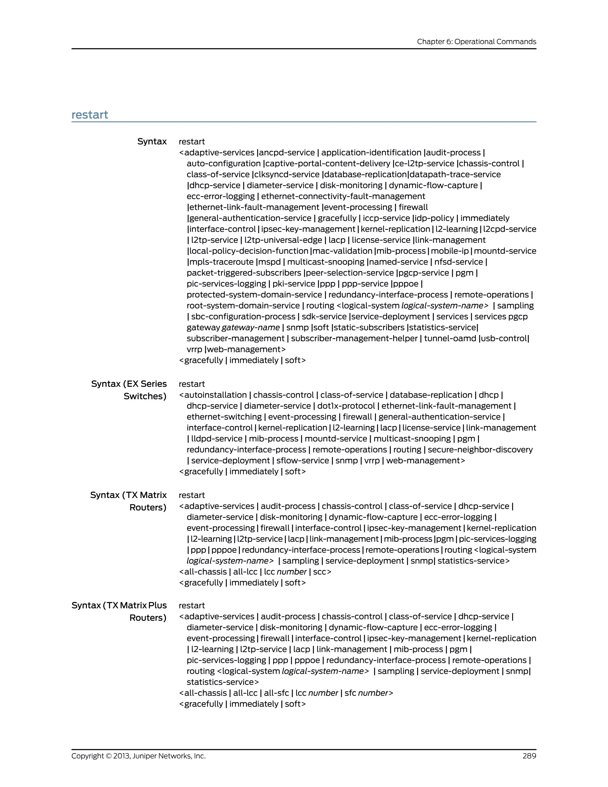 restart
Syntax restart
<adaptive-services |ancpd-service | application-identification |audit-process |
auto-configuration |captive-portal-content-delivery |ce-l2tp-service |chassis-control |
class-of-service |clksyncd-service |database-replication|datapath-trace-service
|dhcp-service | diameter-service | disk-monitoring | dynamic-flow-capture |
ecc-error-logging | ethernet-connectivity-fault-management
|ethernet-link-fault-management |event-processing | firewall
|general-authentication-service | gracefully | iccp-service |idp-policy | immediately
|interface-control | ipsec-key-management | kernel-replication | l2-learning | l2cpd-service
| l2tp-service | l2tp-universal-edge | lacp | license-service |link-management
|local-policy-decision-function|mac-validation|mib-process|mobile-ip|mountd-service
|mpls-traceroute |mspd | multicast-snooping |named-service | nfsd-service |
packet-triggered-subscribers |peer-selection-service |pgcp-service | pgm |
pic-services-logging | pki-service |ppp | ppp-service |pppoe |
protected-system-domain-service | redundancy-interface-process | remote-operations |
root-system-domain-service | routing <logical-system logical-system-name> | sampling
| sbc-configuration-process | sdk-service |service-deployment | services | services pgcp
gateway gateway-name | snmp |soft |static-subscribers |statistics-service|
subscriber-management | subscriber-management-helper | tunnel-oamd |usb-control|
vrrp |web-management>
<gracefully | immediately | soft>
Syntax (EX Series
Switches)
restart
<autoinstallation | chassis-control | class-of-service | database-replication | dhcp |
dhcp-service | diameter-service | dot1x-protocol | ethernet-link-fault-management |
ethernet-switching | event-processing | firewall | general-authentication-service |
interface-control | kernel-replication | l2-learning | lacp | license-service | link-management
| lldpd-service | mib-process | mountd-service | multicast-snooping | pgm |
redundancy-interface-process | remote-operations | routing | secure-neighbor-discovery
| service-deployment | sflow-service | snmp | vrrp | web-management>
<gracefully | immediately | soft>
Syntax (TX Matrix
Routers)
restart
<adaptive-services | audit-process | chassis-control | class-of-service | dhcp-service |
diameter-service | disk-monitoring | dynamic-flow-capture | ecc-error-logging |
event-processing | firewall | interface-control | ipsec-key-management | kernel-replication
|l2-learning|l2tp-service|lacp|link-management|mib-process|pgm|pic-services-logging
| ppp | pppoe | redundancy-interface-process | remote-operations | routing <logical-system
logical-system-name> | sampling | service-deployment | snmp| statistics-service>
<all-chassis | all-lcc | lcc number | scc>
<gracefully | immediately | soft>
Syntax(TXMatrixPlus
Routers)
restart
<adaptive-services | audit-process | chassis-control | class-of-service | dhcp-service |
diameter-service | disk-monitoring | dynamic-flow-capture | ecc-error-logging |
event-processing | firewall | interface-control | ipsec-key-management | kernel-replication
| l2-learning | l2tp-service | lacp | link-management | mib-process | pgm |
pic-services-logging | ppp | pppoe | redundancy-interface-process | remote-operations |
routing <logical-system logical-system-name> | sampling | service-deployment | snmp|
statistics-service>
<all-chassis | all-lcc | all-sfc | lcc number | sfc number>
<gracefully | immediately | soft>
289Copyright © 2013, Juniper Networks, Inc.
Chapter 6: Operational Commands
 