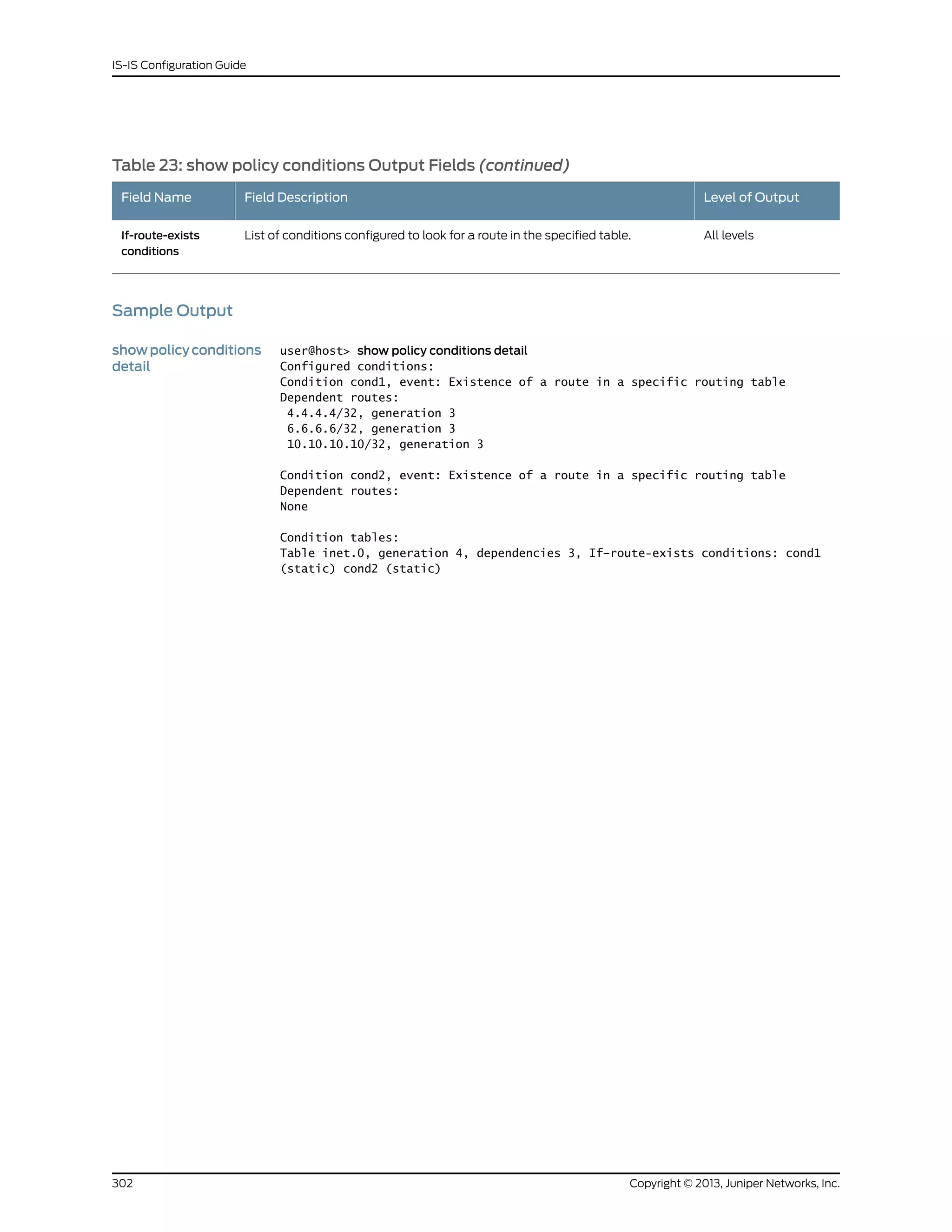 Table 23: show policy conditions Output Fields (continued)
Level of OutputField DescriptionField Name
All levelsList of conditions configured to look for a route in the specified table.If-route-exists
conditions
Sample Output
show policy conditions
detail
user@host> show policy conditions detail
Configured conditions:
Condition cond1, event: Existence of a route in a specific routing table
Dependent routes:
4.4.4.4/32, generation 3
6.6.6.6/32, generation 3
10.10.10.10/32, generation 3
Condition cond2, event: Existence of a route in a specific routing table
Dependent routes:
None
Condition tables:
Table inet.0, generation 4, dependencies 3, If–route-exists conditions: cond1
(static) cond2 (static)
Copyright © 2013, Juniper Networks, Inc.302
IS-IS Configuration Guide
 