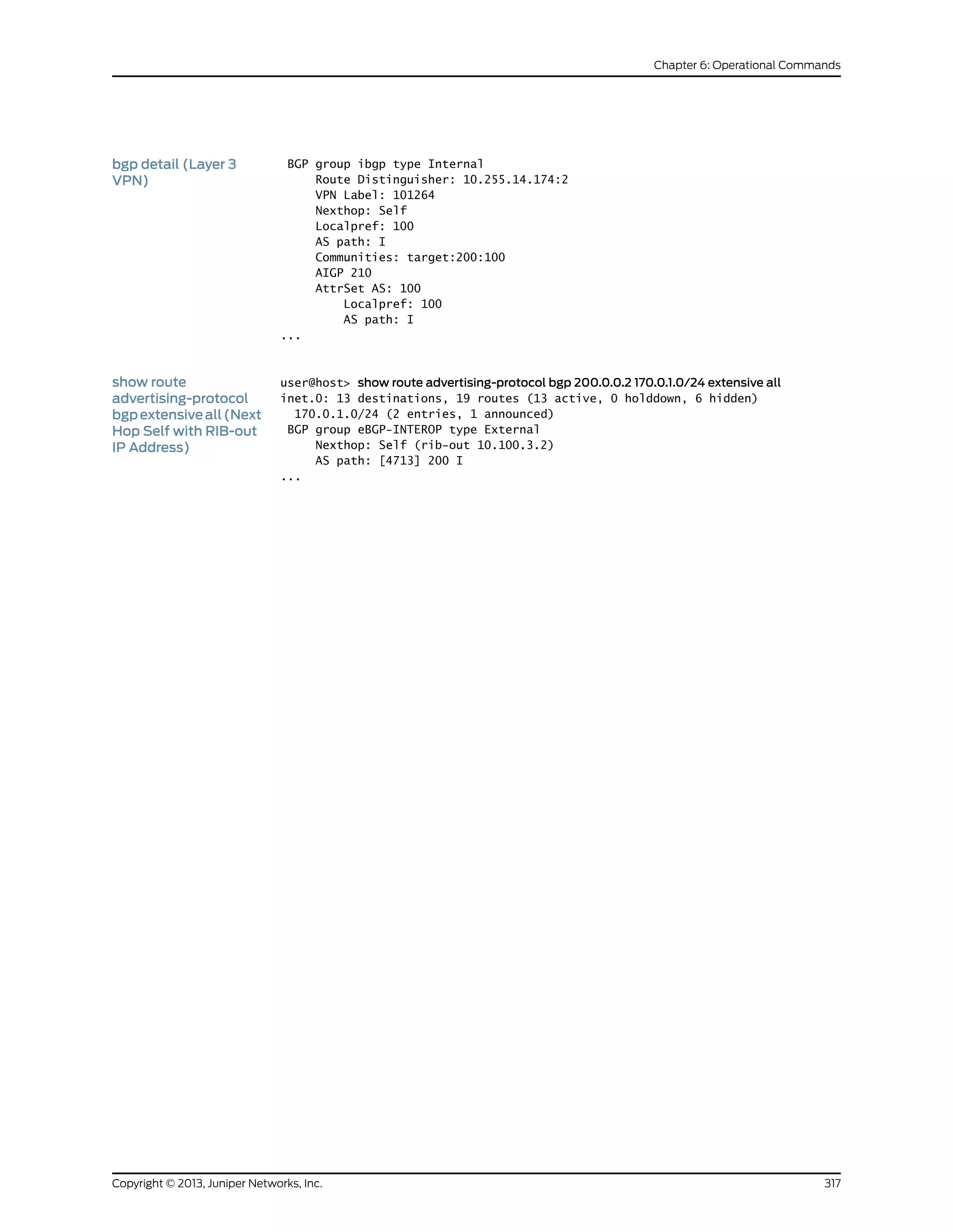 BGP group ibgp type Internal
Route Distinguisher: 10.255.14.174:2
bgp detail (Layer 3
VPN)
VPN Label: 101264
Nexthop: Self
Localpref: 100
AS path: I
Communities: target:200:100
AIGP 210
AttrSet AS: 100
Localpref: 100
AS path: I
...
show route
advertising-protocol
user@host> show route advertising-protocol bgp 200.0.0.2 170.0.1.0/24 extensive all
inet.0: 13 destinations, 19 routes (13 active, 0 holddown, 6 hidden)
170.0.1.0/24 (2 entries, 1 announced)bgpextensiveall(Next
BGP group eBGP-INTEROP type ExternalHop Self with RIB-out
IP Address) Nexthop: Self (rib-out 10.100.3.2)
AS path: [4713] 200 I
...
317Copyright © 2013, Juniper Networks, Inc.
Chapter 6: Operational Commands
 