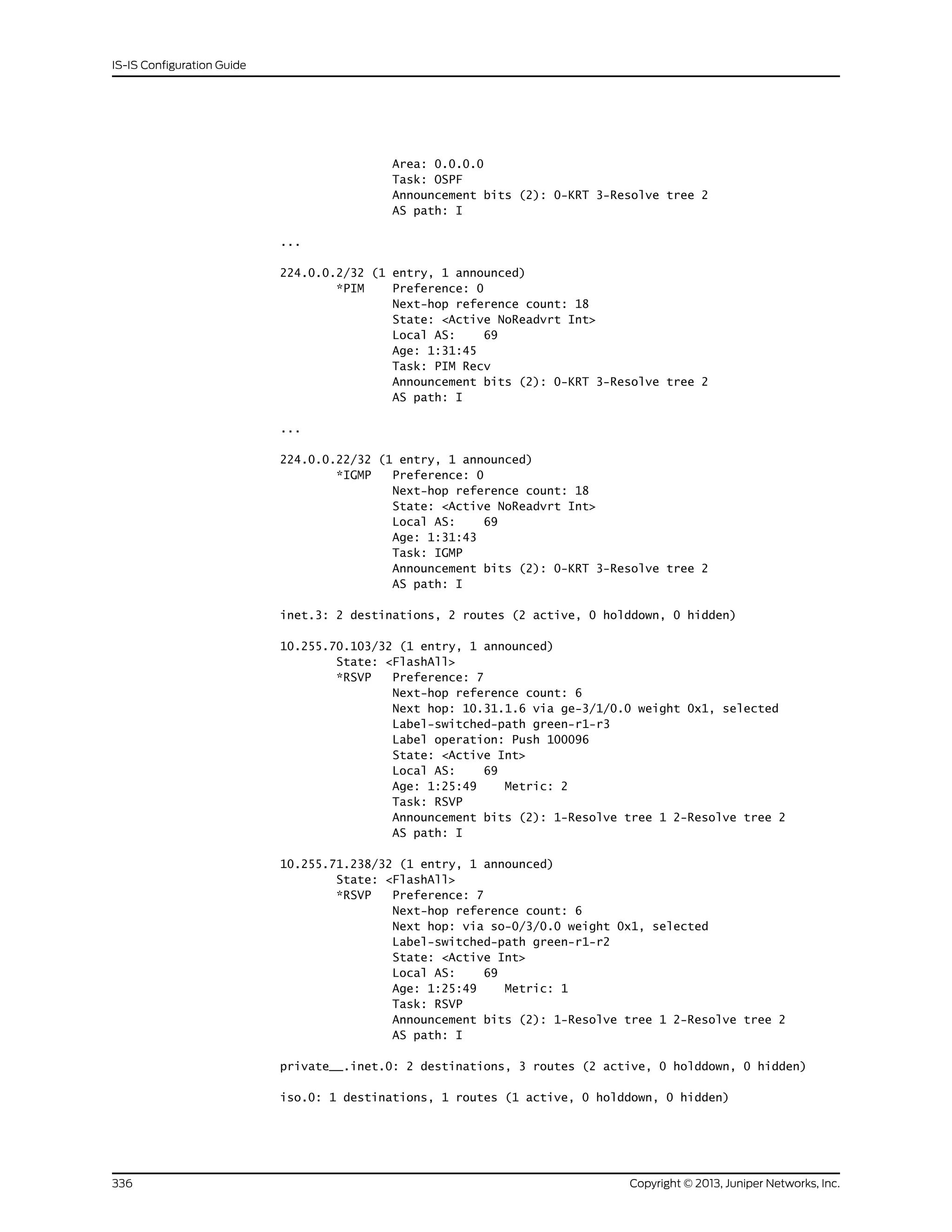 Area: 0.0.0.0
Task: OSPF
Announcement bits (2): 0-KRT 3-Resolve tree 2
AS path: I
...
224.0.0.2/32 (1 entry, 1 announced)
*PIM Preference: 0
Next-hop reference count: 18
State: <Active NoReadvrt Int>
Local AS: 69
Age: 1:31:45
Task: PIM Recv
Announcement bits (2): 0-KRT 3-Resolve tree 2
AS path: I
...
224.0.0.22/32 (1 entry, 1 announced)
*IGMP Preference: 0
Next-hop reference count: 18
State: <Active NoReadvrt Int>
Local AS: 69
Age: 1:31:43
Task: IGMP
Announcement bits (2): 0-KRT 3-Resolve tree 2
AS path: I
inet.3: 2 destinations, 2 routes (2 active, 0 holddown, 0 hidden)
10.255.70.103/32 (1 entry, 1 announced)
State: <FlashAll>
*RSVP Preference: 7
Next-hop reference count: 6
Next hop: 10.31.1.6 via ge-3/1/0.0 weight 0x1, selected
Label-switched-path green-r1-r3
Label operation: Push 100096
State: <Active Int>
Local AS: 69
Age: 1:25:49 Metric: 2
Task: RSVP
Announcement bits (2): 1-Resolve tree 1 2-Resolve tree 2
AS path: I
10.255.71.238/32 (1 entry, 1 announced)
State: <FlashAll>
*RSVP Preference: 7
Next-hop reference count: 6
Next hop: via so-0/3/0.0 weight 0x1, selected
Label-switched-path green-r1-r2
State: <Active Int>
Local AS: 69
Age: 1:25:49 Metric: 1
Task: RSVP
Announcement bits (2): 1-Resolve tree 1 2-Resolve tree 2
AS path: I
private__.inet.0: 2 destinations, 3 routes (2 active, 0 holddown, 0 hidden)
iso.0: 1 destinations, 1 routes (1 active, 0 holddown, 0 hidden)
Copyright © 2013, Juniper Networks, Inc.336
IS-IS Configuration Guide
 