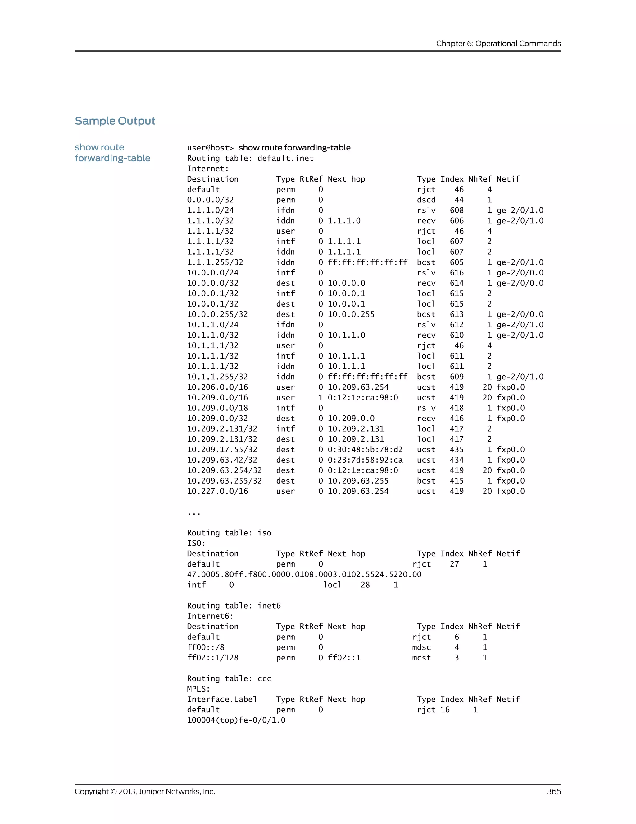 Sample Output
show route
forwarding-table
user@host> show route forwarding-table
Routing table: default.inet
Internet:
Destination Type RtRef Next hop Type Index NhRef Netif
default perm 0 rjct 46 4
0.0.0.0/32 perm 0 dscd 44 1
1.1.1.0/24 ifdn 0 rslv 608 1 ge-2/0/1.0
1.1.1.0/32 iddn 0 1.1.1.0 recv 606 1 ge-2/0/1.0
1.1.1.1/32 user 0 rjct 46 4
1.1.1.1/32 intf 0 1.1.1.1 locl 607 2
1.1.1.1/32 iddn 0 1.1.1.1 locl 607 2
1.1.1.255/32 iddn 0 ff:ff:ff:ff:ff:ff bcst 605 1 ge-2/0/1.0
10.0.0.0/24 intf 0 rslv 616 1 ge-2/0/0.0
10.0.0.0/32 dest 0 10.0.0.0 recv 614 1 ge-2/0/0.0
10.0.0.1/32 intf 0 10.0.0.1 locl 615 2
10.0.0.1/32 dest 0 10.0.0.1 locl 615 2
10.0.0.255/32 dest 0 10.0.0.255 bcst 613 1 ge-2/0/0.0
10.1.1.0/24 ifdn 0 rslv 612 1 ge-2/0/1.0
10.1.1.0/32 iddn 0 10.1.1.0 recv 610 1 ge-2/0/1.0
10.1.1.1/32 user 0 rjct 46 4
10.1.1.1/32 intf 0 10.1.1.1 locl 611 2
10.1.1.1/32 iddn 0 10.1.1.1 locl 611 2
10.1.1.255/32 iddn 0 ff:ff:ff:ff:ff:ff bcst 609 1 ge-2/0/1.0
10.206.0.0/16 user 0 10.209.63.254 ucst 419 20 fxp0.0
10.209.0.0/16 user 1 0:12:1e:ca:98:0 ucst 419 20 fxp0.0
10.209.0.0/18 intf 0 rslv 418 1 fxp0.0
10.209.0.0/32 dest 0 10.209.0.0 recv 416 1 fxp0.0
10.209.2.131/32 intf 0 10.209.2.131 locl 417 2
10.209.2.131/32 dest 0 10.209.2.131 locl 417 2
10.209.17.55/32 dest 0 0:30:48:5b:78:d2 ucst 435 1 fxp0.0
10.209.63.42/32 dest 0 0:23:7d:58:92:ca ucst 434 1 fxp0.0
10.209.63.254/32 dest 0 0:12:1e:ca:98:0 ucst 419 20 fxp0.0
10.209.63.255/32 dest 0 10.209.63.255 bcst 415 1 fxp0.0
10.227.0.0/16 user 0 10.209.63.254 ucst 419 20 fxp0.0
...
Routing table: iso
ISO:
Destination Type RtRef Next hop Type Index NhRef Netif
default perm 0 rjct 27 1
47.0005.80ff.f800.0000.0108.0003.0102.5524.5220.00
intf 0 locl 28 1
Routing table: inet6
Internet6:
Destination Type RtRef Next hop Type Index NhRef Netif
default perm 0 rjct 6 1
ff00::/8 perm 0 mdsc 4 1
ff02::1/128 perm 0 ff02::1 mcst 3 1
Routing table: ccc
MPLS:
Interface.Label Type RtRef Next hop Type Index NhRef Netif
default perm 0 rjct 16 1
100004(top)fe-0/0/1.0
365Copyright © 2013, Juniper Networks, Inc.
Chapter 6: Operational Commands
 