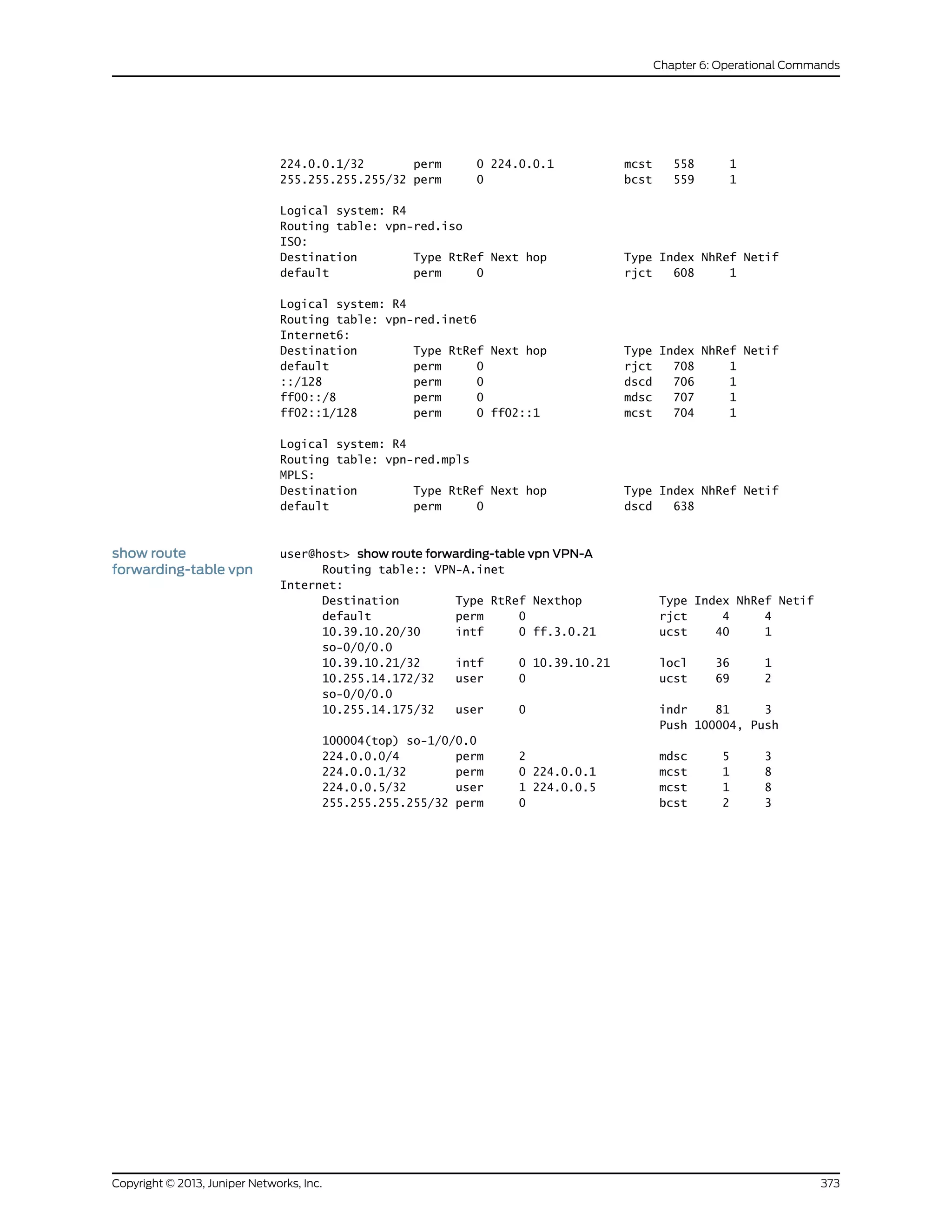 224.0.0.1/32 perm 0 224.0.0.1 mcst 558 1
255.255.255.255/32 perm 0 bcst 559 1
Logical system: R4
Routing table: vpn-red.iso
ISO:
Destination Type RtRef Next hop Type Index NhRef Netif
default perm 0 rjct 608 1
Logical system: R4
Routing table: vpn-red.inet6
Internet6:
Destination Type RtRef Next hop Type Index NhRef Netif
default perm 0 rjct 708 1
::/128 perm 0 dscd 706 1
ff00::/8 perm 0 mdsc 707 1
ff02::1/128 perm 0 ff02::1 mcst 704 1
Logical system: R4
Routing table: vpn-red.mpls
MPLS:
Destination Type RtRef Next hop Type Index NhRef Netif
default perm 0 dscd 638
show route
forwarding-table vpn
user@host> show route forwarding-table vpn VPN-A
Routing table:: VPN-A.inet
Internet:
Destination Type RtRef Nexthop Type Index NhRef Netif
default perm 0 rjct 4 4
10.39.10.20/30 intf 0 ff.3.0.21 ucst 40 1
so-0/0/0.0
10.39.10.21/32 intf 0 10.39.10.21 locl 36 1
10.255.14.172/32 user 0 ucst 69 2
so-0/0/0.0
10.255.14.175/32 user 0 indr 81 3
Push 100004, Push
100004(top) so-1/0/0.0
224.0.0.0/4 perm 2 mdsc 5 3
224.0.0.1/32 perm 0 224.0.0.1 mcst 1 8
224.0.0.5/32 user 1 224.0.0.5 mcst 1 8
255.255.255.255/32 perm 0 bcst 2 3
373Copyright © 2013, Juniper Networks, Inc.
Chapter 6: Operational Commands
 