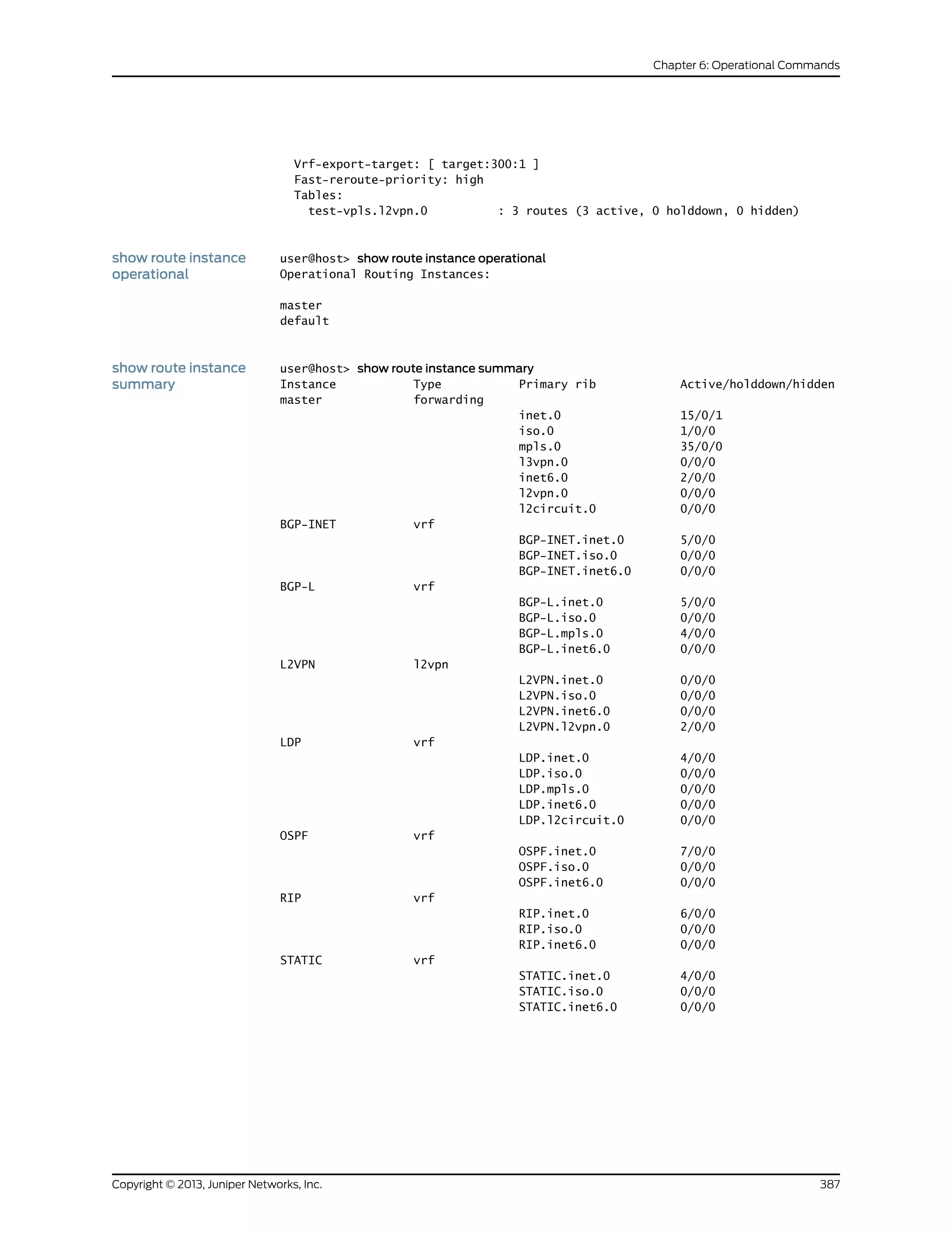 Vrf-export-target: [ target:300:1 ]
Fast-reroute-priority: high
Tables:
test-vpls.l2vpn.0 : 3 routes (3 active, 0 holddown, 0 hidden)
show route instance
operational
user@host> show route instance operational
Operational Routing Instances:
master
default
show route instance
summary
user@host> show route instance summary
Instance Type Primary rib Active/holddown/hidden
master forwarding
inet.0 15/0/1
iso.0 1/0/0
mpls.0 35/0/0
l3vpn.0 0/0/0
inet6.0 2/0/0
l2vpn.0 0/0/0
l2circuit.0 0/0/0
BGP-INET vrf
BGP-INET.inet.0 5/0/0
BGP-INET.iso.0 0/0/0
BGP-INET.inet6.0 0/0/0
BGP-L vrf
BGP-L.inet.0 5/0/0
BGP-L.iso.0 0/0/0
BGP-L.mpls.0 4/0/0
BGP-L.inet6.0 0/0/0
L2VPN l2vpn
L2VPN.inet.0 0/0/0
L2VPN.iso.0 0/0/0
L2VPN.inet6.0 0/0/0
L2VPN.l2vpn.0 2/0/0
LDP vrf
LDP.inet.0 4/0/0
LDP.iso.0 0/0/0
LDP.mpls.0 0/0/0
LDP.inet6.0 0/0/0
LDP.l2circuit.0 0/0/0
OSPF vrf
OSPF.inet.0 7/0/0
OSPF.iso.0 0/0/0
OSPF.inet6.0 0/0/0
RIP vrf
RIP.inet.0 6/0/0
RIP.iso.0 0/0/0
RIP.inet6.0 0/0/0
STATIC vrf
STATIC.inet.0 4/0/0
STATIC.iso.0 0/0/0
STATIC.inet6.0 0/0/0
387Copyright © 2013, Juniper Networks, Inc.
Chapter 6: Operational Commands
 