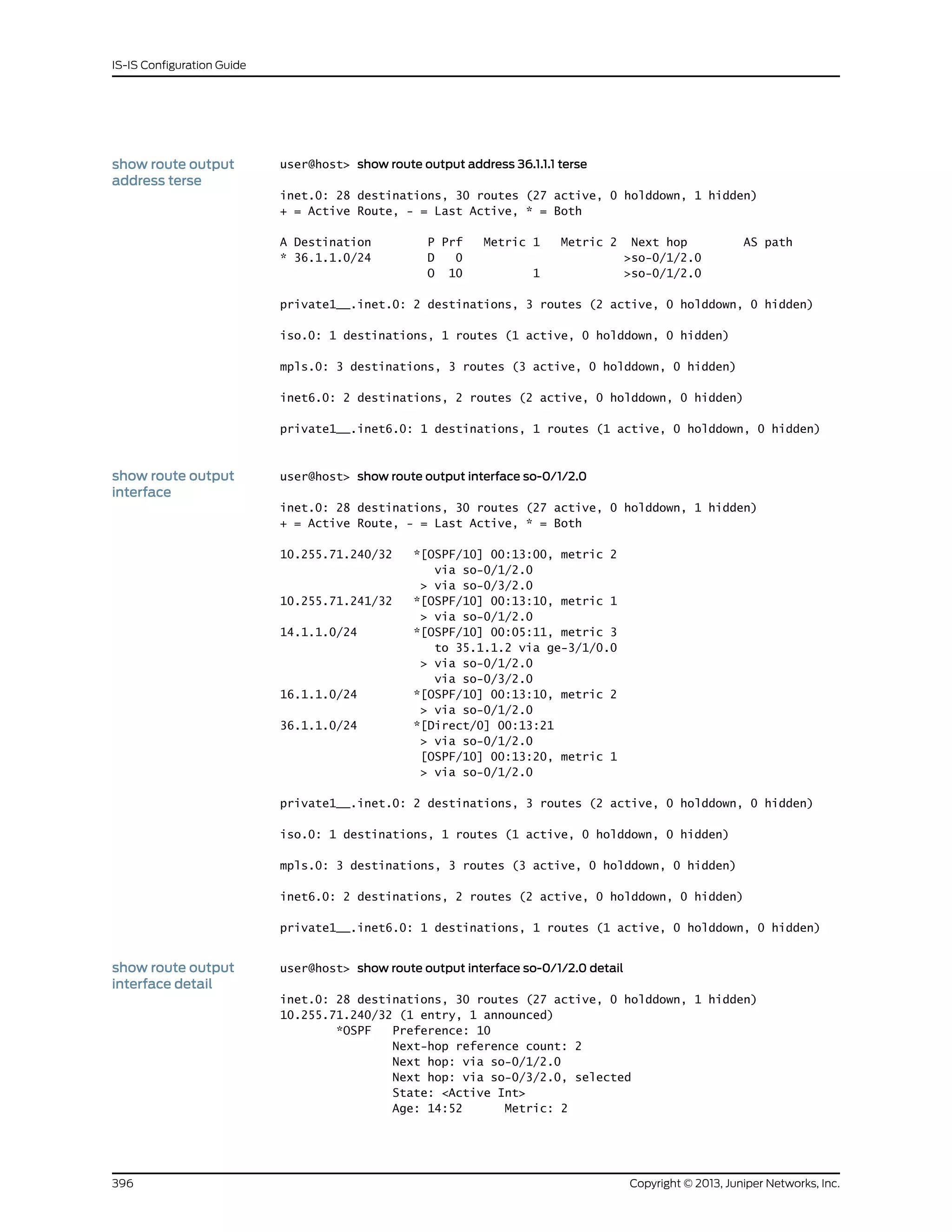 show route output
address terse
user@host> show route output address 36.1.1.1 terse
inet.0: 28 destinations, 30 routes (27 active, 0 holddown, 1 hidden)
+ = Active Route, - = Last Active, * = Both
A Destination P Prf Metric 1 Metric 2 Next hop AS path
* 36.1.1.0/24 D 0 >so-0/1/2.0
O 10 1 >so-0/1/2.0
private1__.inet.0: 2 destinations, 3 routes (2 active, 0 holddown, 0 hidden)
iso.0: 1 destinations, 1 routes (1 active, 0 holddown, 0 hidden)
mpls.0: 3 destinations, 3 routes (3 active, 0 holddown, 0 hidden)
inet6.0: 2 destinations, 2 routes (2 active, 0 holddown, 0 hidden)
private1__.inet6.0: 1 destinations, 1 routes (1 active, 0 holddown, 0 hidden)
show route output
interface
user@host> show route output interface so-0/1/2.0
inet.0: 28 destinations, 30 routes (27 active, 0 holddown, 1 hidden)
+ = Active Route, - = Last Active, * = Both
10.255.71.240/32 *[OSPF/10] 00:13:00, metric 2
via so-0/1/2.0
> via so-0/3/2.0
10.255.71.241/32 *[OSPF/10] 00:13:10, metric 1
> via so-0/1/2.0
14.1.1.0/24 *[OSPF/10] 00:05:11, metric 3
to 35.1.1.2 via ge-3/1/0.0
> via so-0/1/2.0
via so-0/3/2.0
16.1.1.0/24 *[OSPF/10] 00:13:10, metric 2
> via so-0/1/2.0
36.1.1.0/24 *[Direct/0] 00:13:21
> via so-0/1/2.0
[OSPF/10] 00:13:20, metric 1
> via so-0/1/2.0
private1__.inet.0: 2 destinations, 3 routes (2 active, 0 holddown, 0 hidden)
iso.0: 1 destinations, 1 routes (1 active, 0 holddown, 0 hidden)
mpls.0: 3 destinations, 3 routes (3 active, 0 holddown, 0 hidden)
inet6.0: 2 destinations, 2 routes (2 active, 0 holddown, 0 hidden)
private1__.inet6.0: 1 destinations, 1 routes (1 active, 0 holddown, 0 hidden)
show route output
interface detail
user@host> show route output interface so-0/1/2.0 detail
inet.0: 28 destinations, 30 routes (27 active, 0 holddown, 1 hidden)
10.255.71.240/32 (1 entry, 1 announced)
*OSPF Preference: 10
Next-hop reference count: 2
Next hop: via so-0/1/2.0
Next hop: via so-0/3/2.0, selected
State: <Active Int>
Age: 14:52 Metric: 2
Copyright © 2013, Juniper Networks, Inc.396
IS-IS Configuration Guide
 