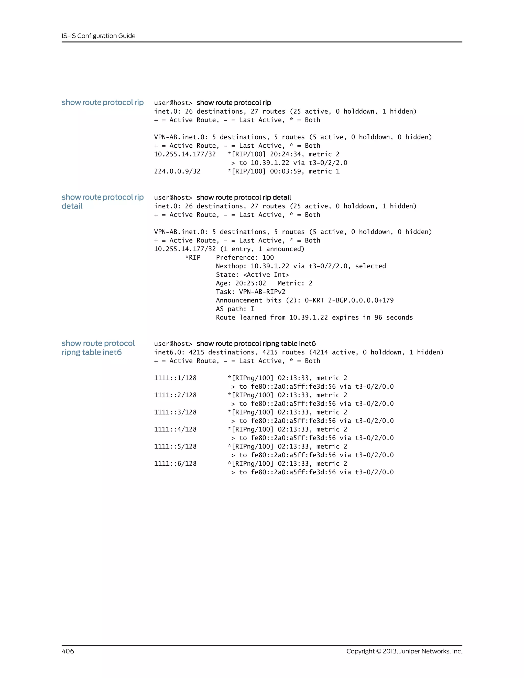 showrouteprotocolrip user@host> show route protocol rip
inet.0: 26 destinations, 27 routes (25 active, 0 holddown, 1 hidden)
+ = Active Route, - = Last Active, * = Both
VPN-AB.inet.0: 5 destinations, 5 routes (5 active, 0 holddown, 0 hidden)
+ = Active Route, - = Last Active, * = Both
10.255.14.177/32 *[RIP/100] 20:24:34, metric 2
> to 10.39.1.22 via t3-0/2/2.0
224.0.0.9/32 *[RIP/100] 00:03:59, metric 1
showrouteprotocolrip
detail
user@host> show route protocol rip detail
inet.0: 26 destinations, 27 routes (25 active, 0 holddown, 1 hidden)
+ = Active Route, - = Last Active, * = Both
VPN-AB.inet.0: 5 destinations, 5 routes (5 active, 0 holddown, 0 hidden)
+ = Active Route, - = Last Active, * = Both
10.255.14.177/32 (1 entry, 1 announced)
*RIP Preference: 100
Nexthop: 10.39.1.22 via t3-0/2/2.0, selected
State: <Active Int>
Age: 20:25:02 Metric: 2
Task: VPN-AB-RIPv2
Announcement bits (2): 0-KRT 2-BGP.0.0.0.0+179
AS path: I
Route learned from 10.39.1.22 expires in 96 seconds
show route protocol
ripng table inet6
user@host> show route protocol ripng table inet6
inet6.0: 4215 destinations, 4215 routes (4214 active, 0 holddown, 1 hidden)
+ = Active Route, - = Last Active, * = Both
1111::1/128 *[RIPng/100] 02:13:33, metric 2
> to fe80::2a0:a5ff:fe3d:56 via t3-0/2/0.0
1111::2/128 *[RIPng/100] 02:13:33, metric 2
> to fe80::2a0:a5ff:fe3d:56 via t3-0/2/0.0
1111::3/128 *[RIPng/100] 02:13:33, metric 2
> to fe80::2a0:a5ff:fe3d:56 via t3-0/2/0.0
1111::4/128 *[RIPng/100] 02:13:33, metric 2
> to fe80::2a0:a5ff:fe3d:56 via t3-0/2/0.0
1111::5/128 *[RIPng/100] 02:13:33, metric 2
> to fe80::2a0:a5ff:fe3d:56 via t3-0/2/0.0
1111::6/128 *[RIPng/100] 02:13:33, metric 2
> to fe80::2a0:a5ff:fe3d:56 via t3-0/2/0.0
Copyright © 2013, Juniper Networks, Inc.406
IS-IS Configuration Guide
 